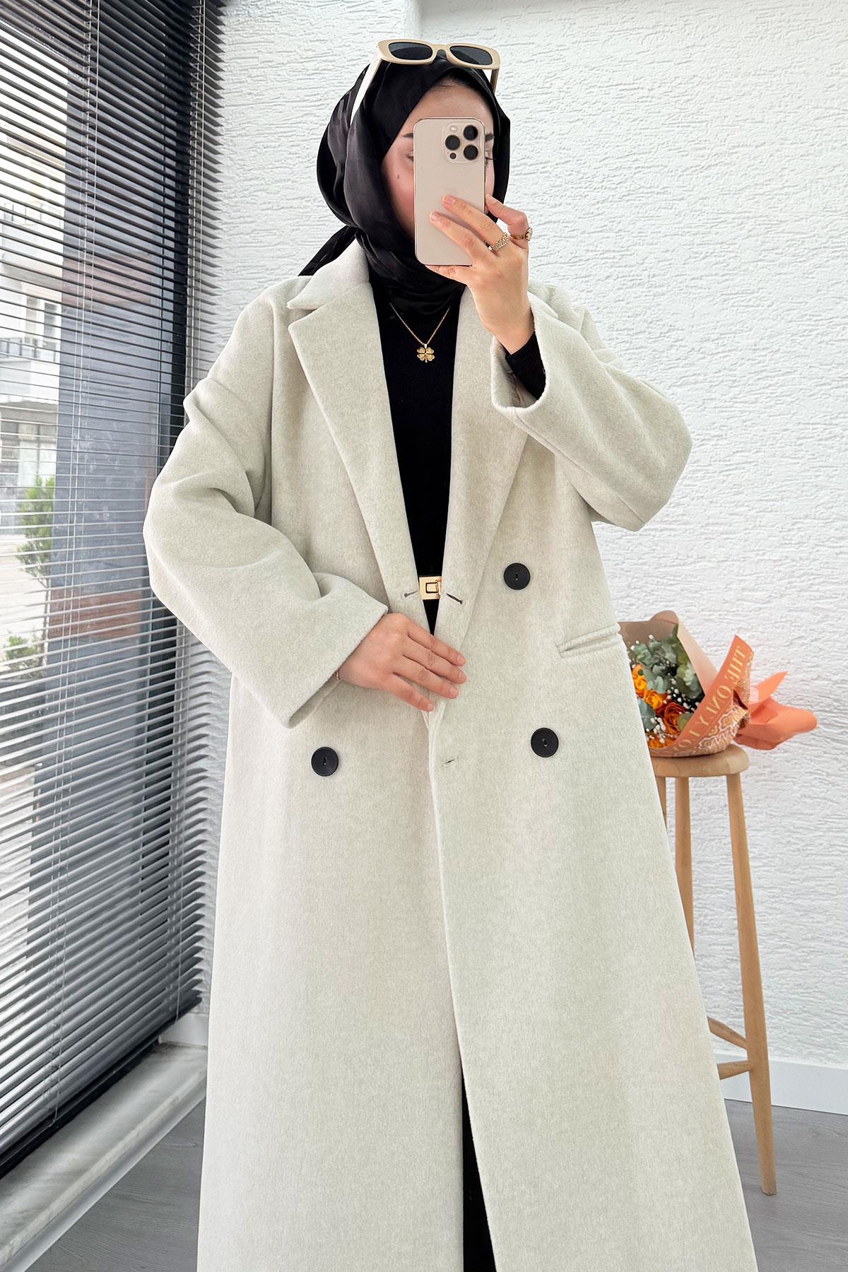 Premium Dört Düğmeli Cepli Oversize Kaşe Kaban - Taş