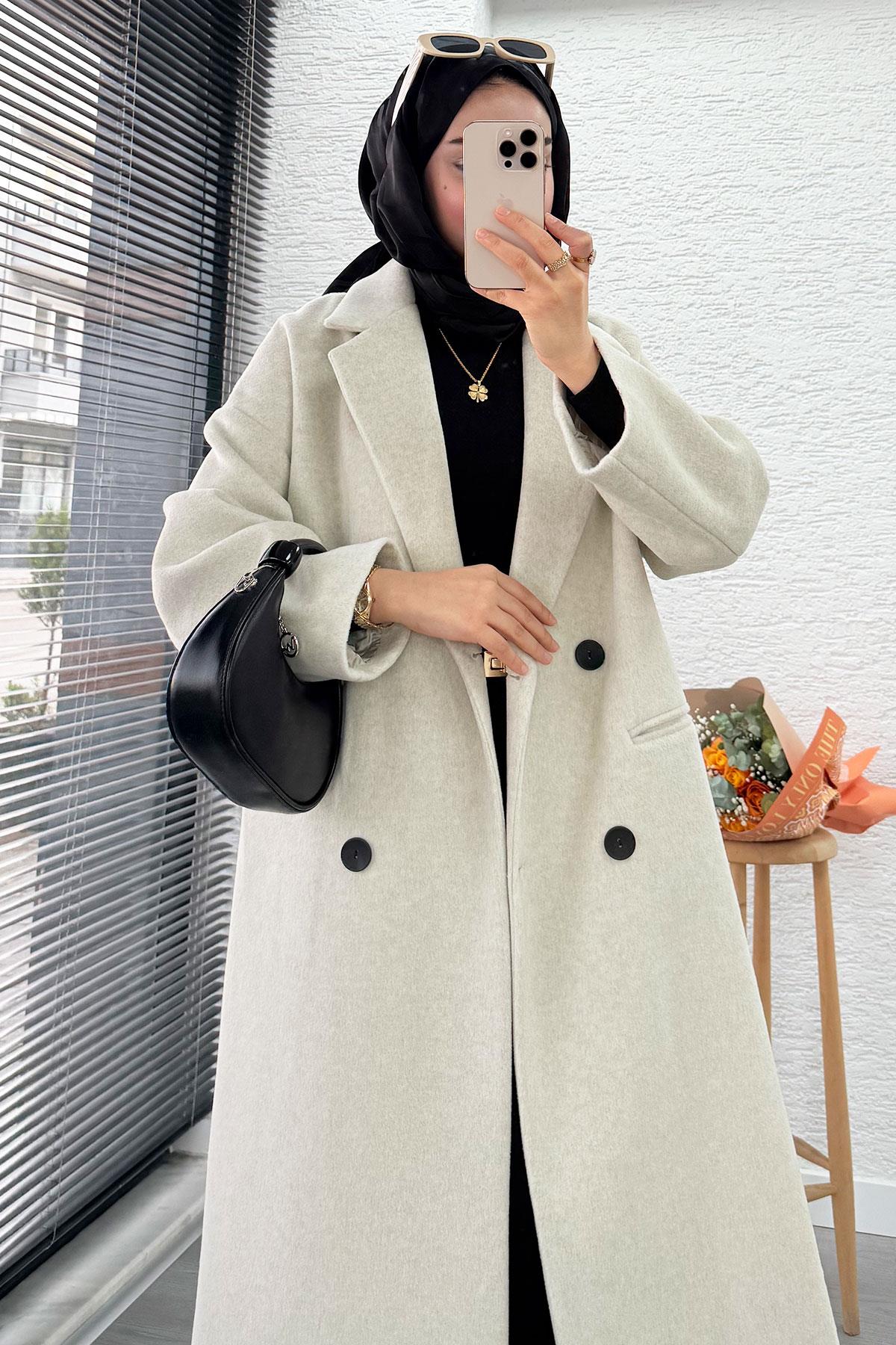 Premium Dört Düğmeli Cepli Oversize Kaşe Kaban - Taş