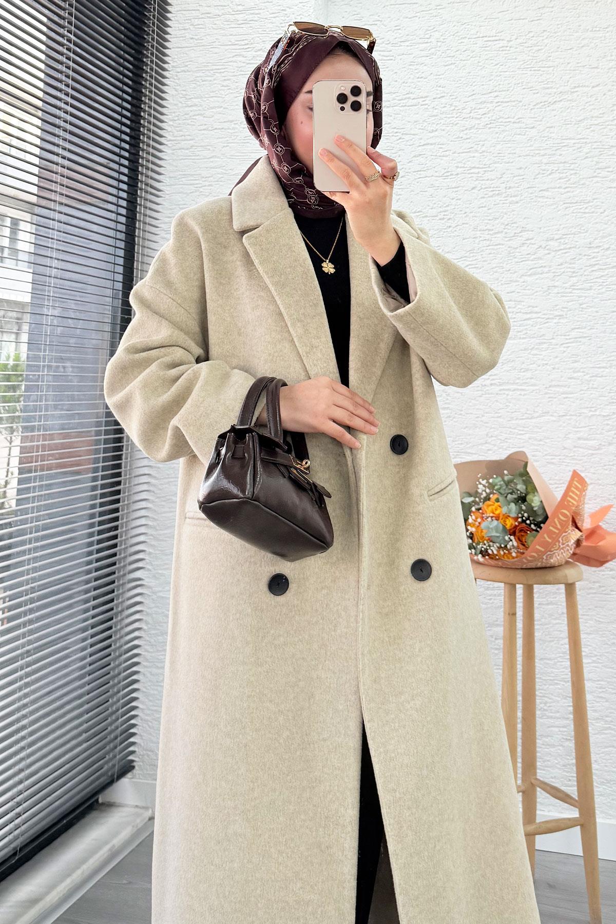 Premium Dört Düğmeli Cepli Oversize Kaşe Kaban - Bej
