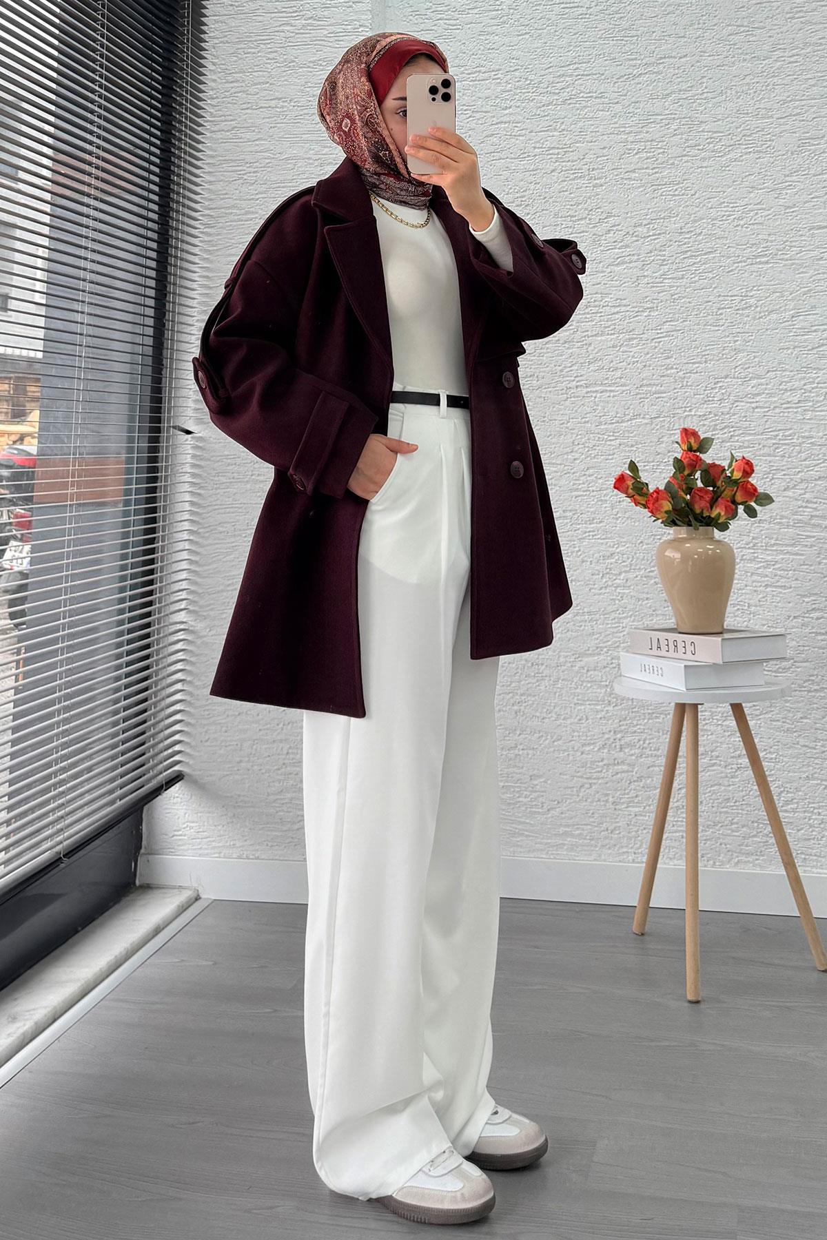 Premium Dört Düğmeli Kısa Kaşe Kaban – Mürdüm