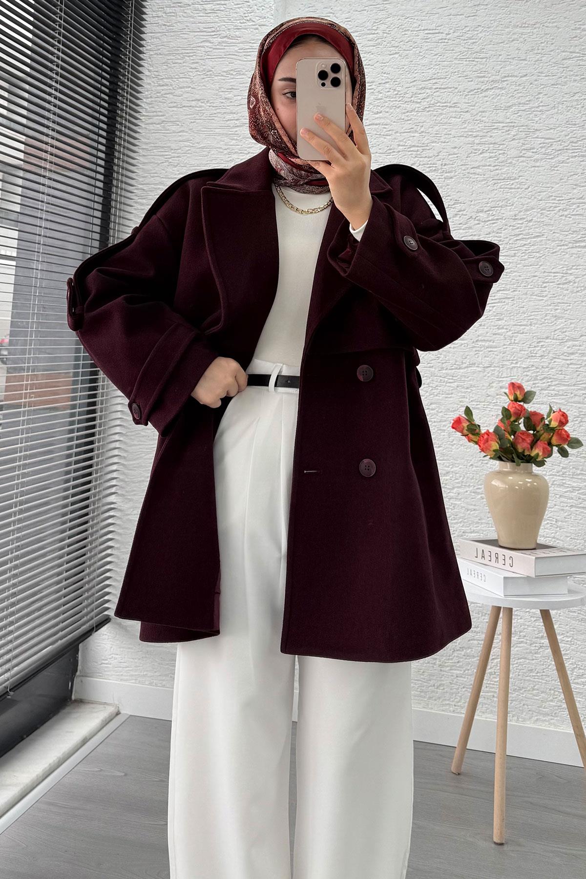 Premium Dört Düğmeli Kısa Kaşe Kaban – Mürdüm