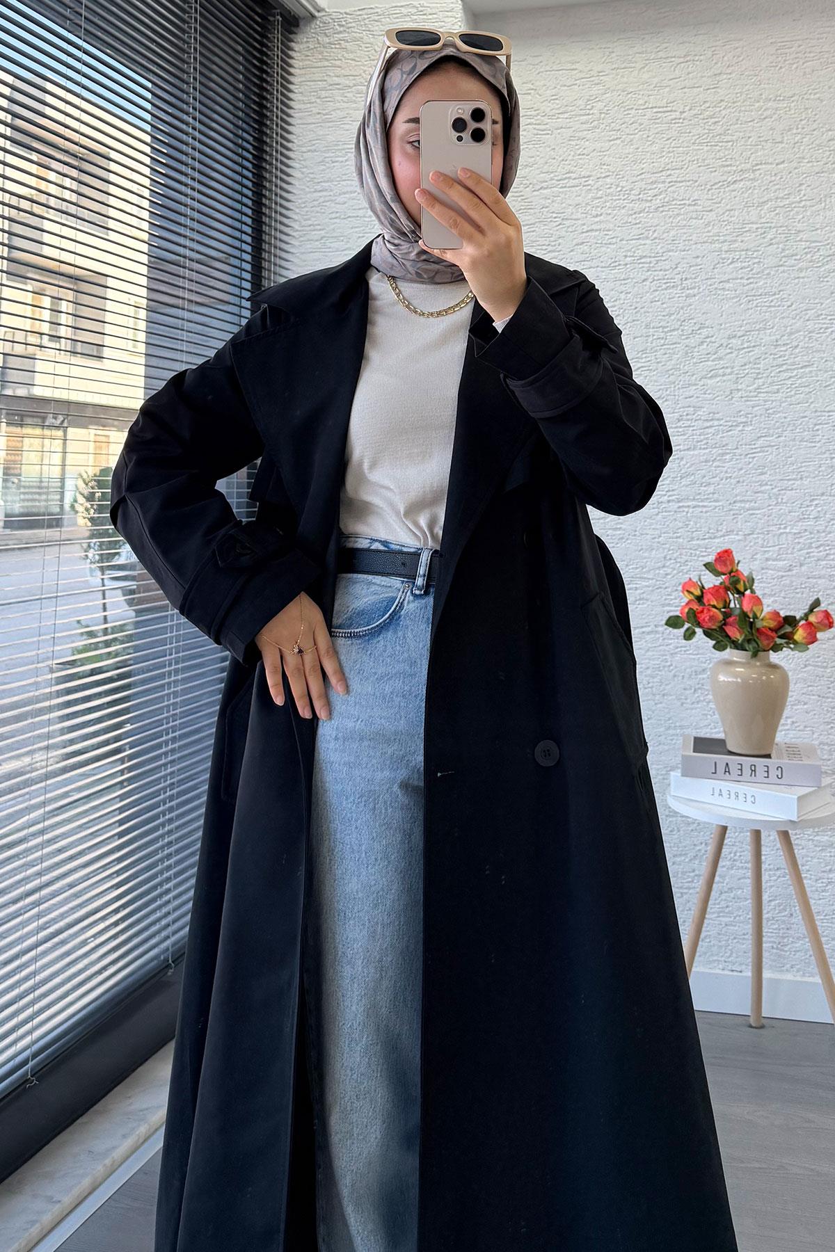 Premium Dört Düğmeli Oversize Kadın Trençkot - Siyah