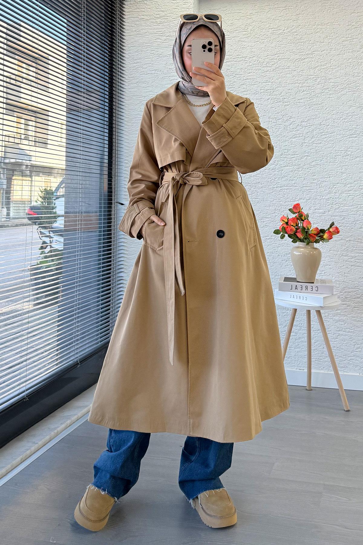 Premium Dört Düğmeli Oversize Kadın Trençkot - Camel