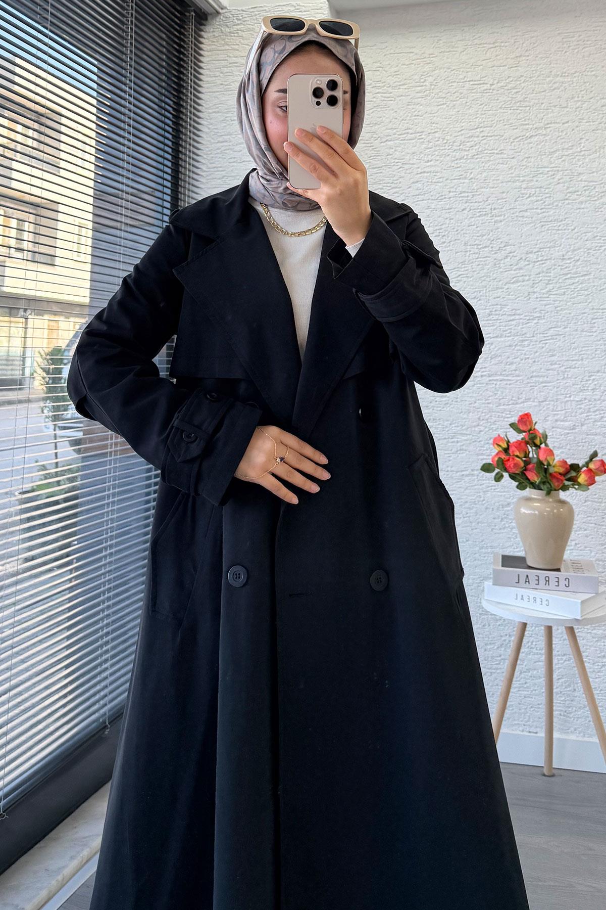 Premium Dört Düğmeli Oversize Kadın Trençkot - Siyah