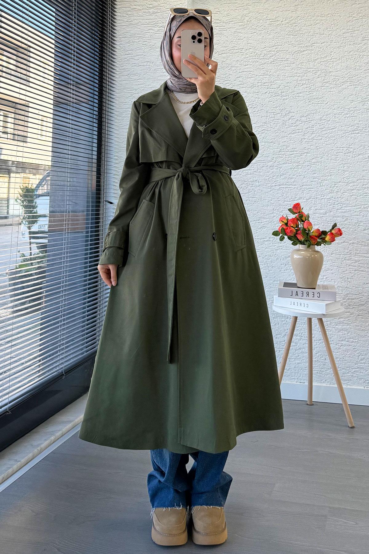 Premium Dört Düğmeli Oversize Kadın Trençkot - Haki