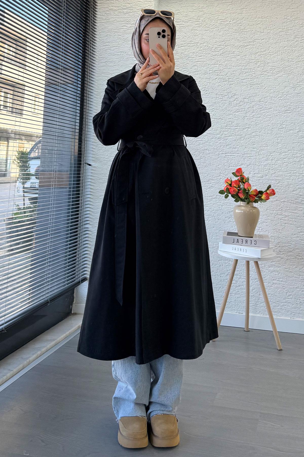 Premium Dört Düğmeli Oversize Kadın Trençkot - Siyah