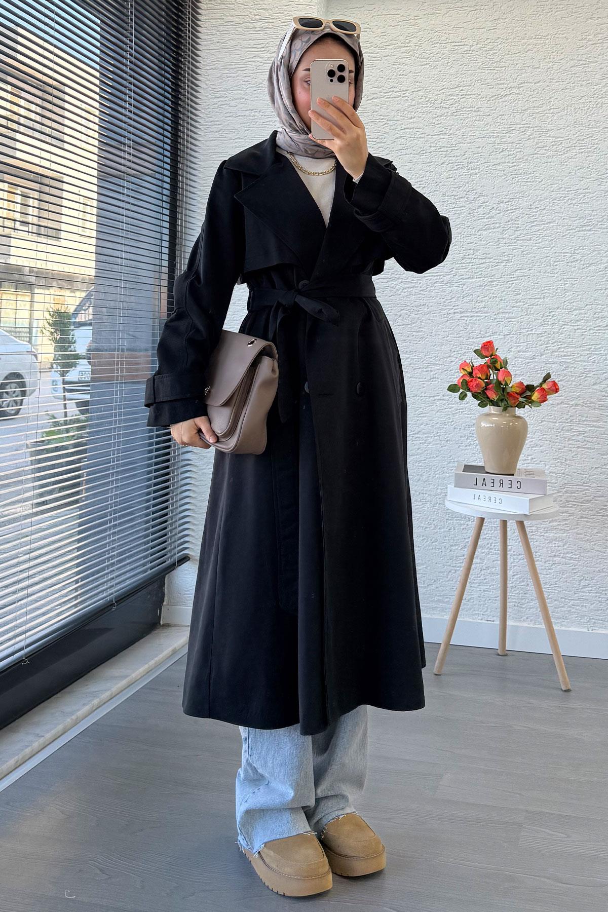 Premium Dört Düğmeli Oversize Kadın Trençkot - Siyah