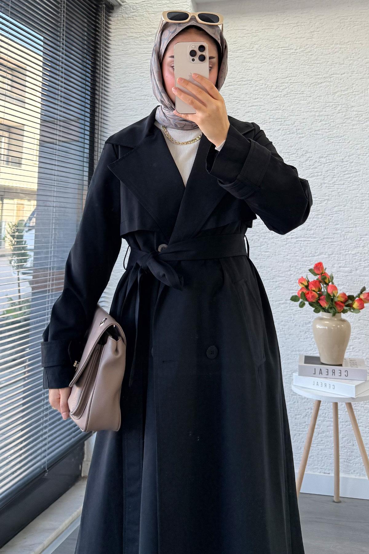 Premium Dört Düğmeli Oversize Kadın Trençkot - Siyah
