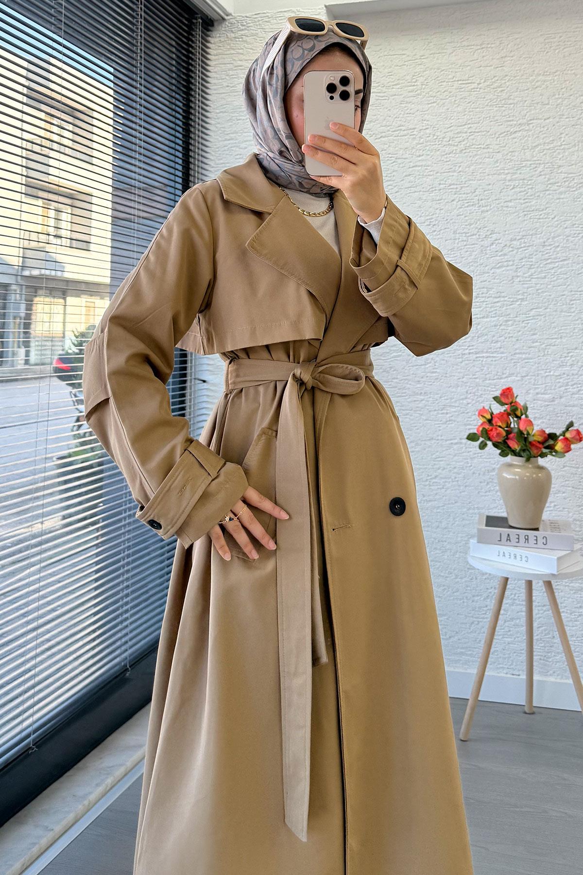 Premium Dört Düğmeli Oversize Kadın Trençkot - Camel