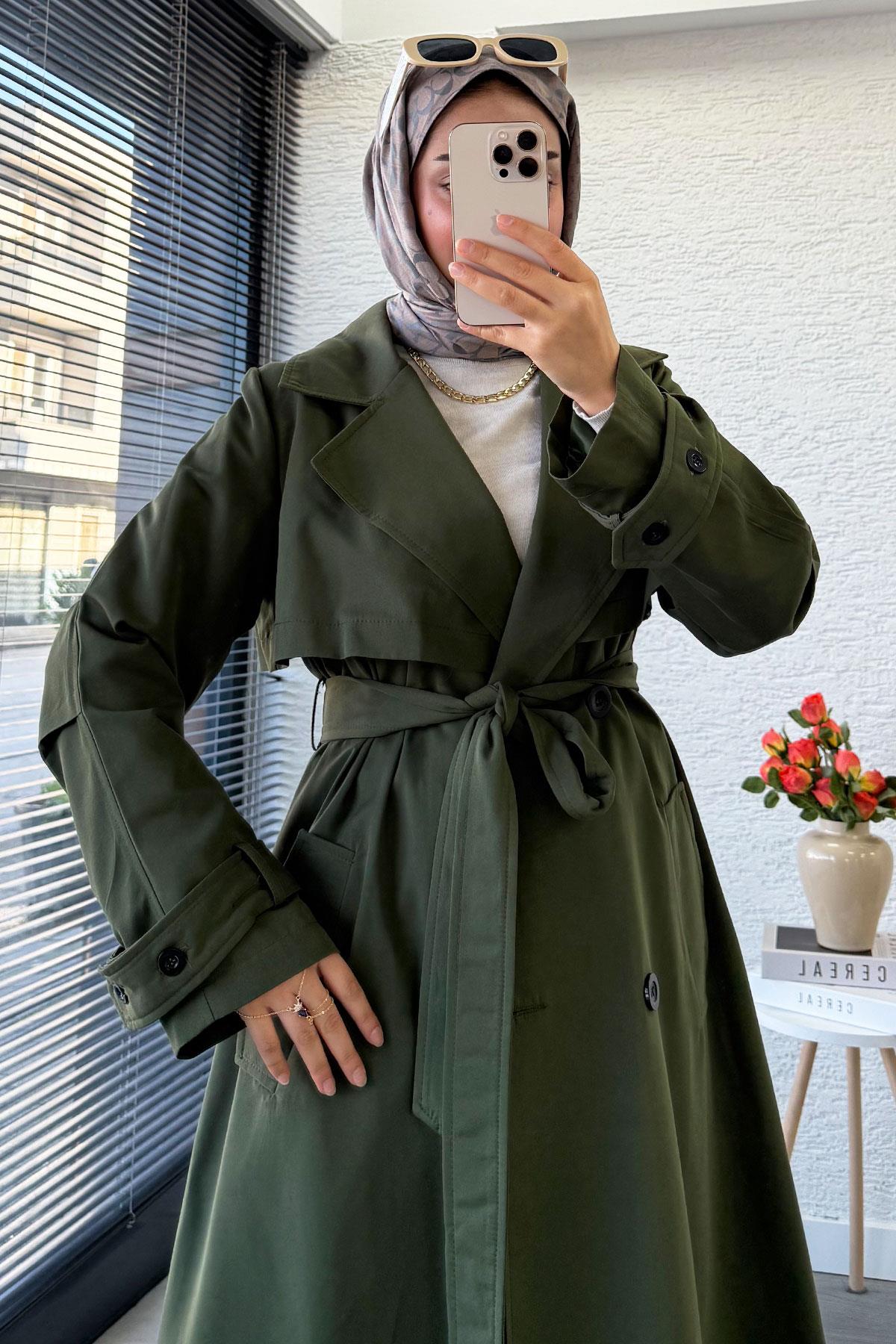 Premium Dört Düğmeli Oversize Kadın Trençkot - Haki