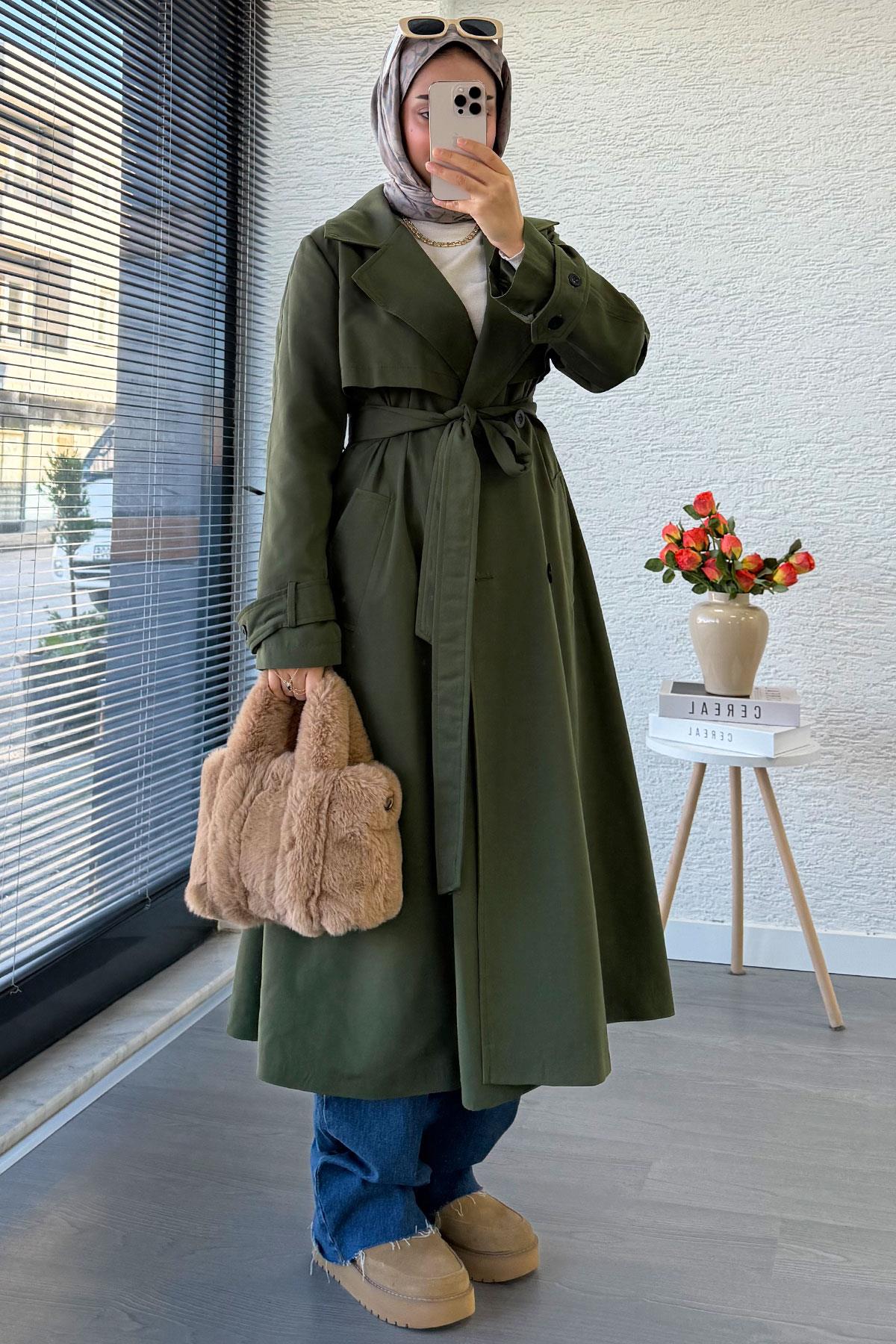 Premium Dört Düğmeli Oversize Kadın Trençkot - Haki