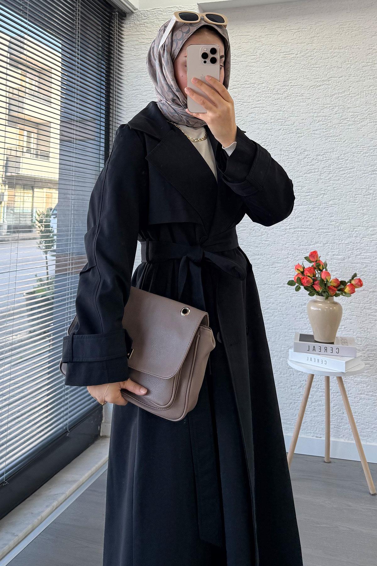 Premium Dört Düğmeli Oversize Kadın Trençkot - Siyah