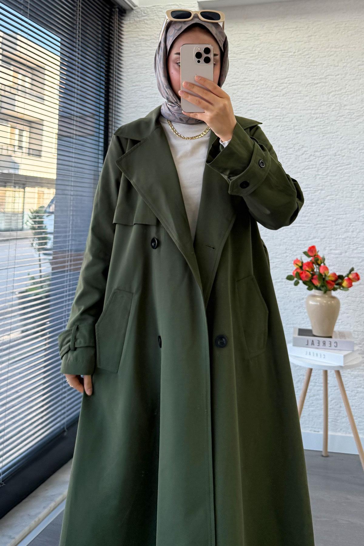 Premium Dört Düğmeli Oversize Kadın Trençkot - Haki