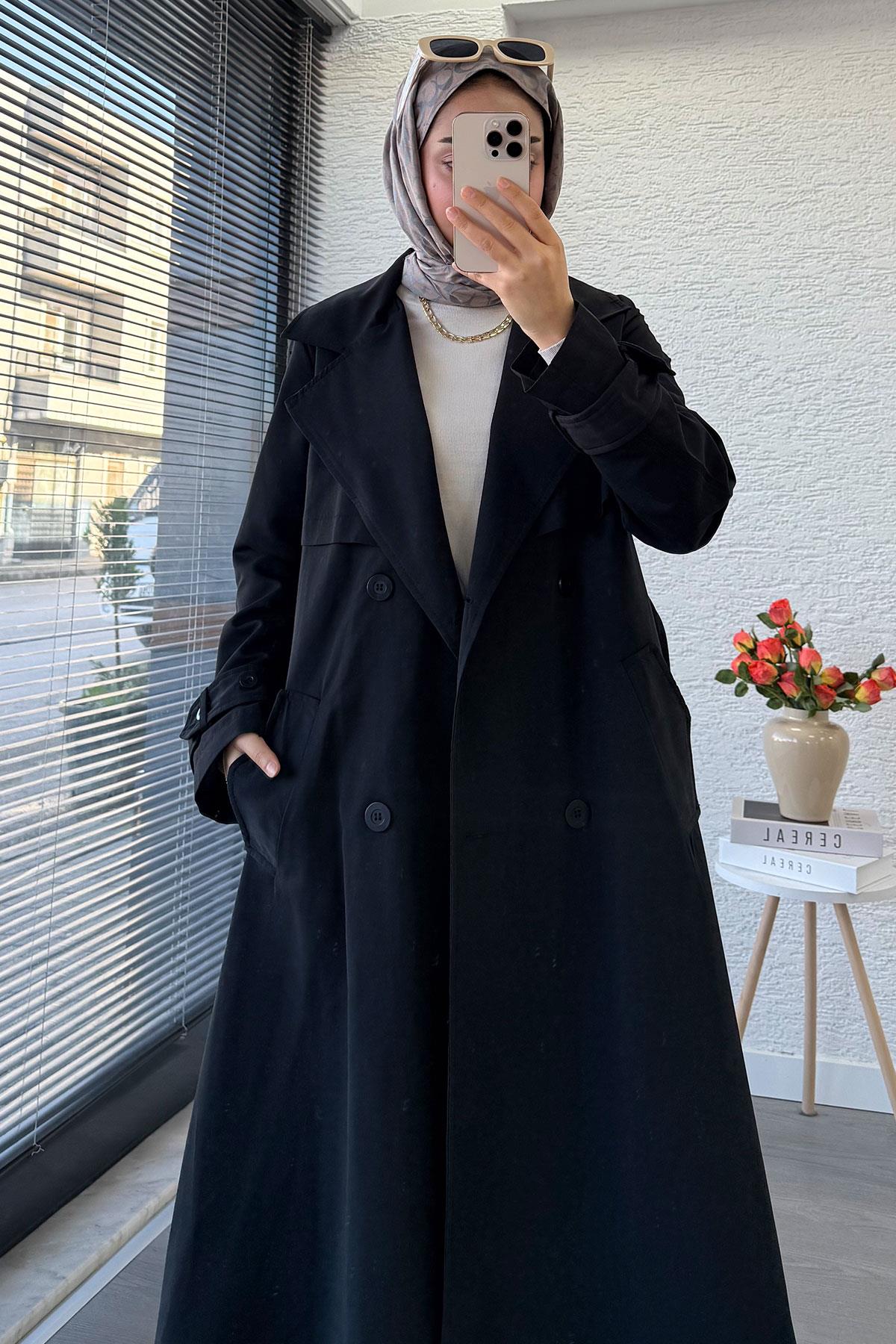 Premium Dört Düğmeli Oversize Kadın Trençkot - Siyah