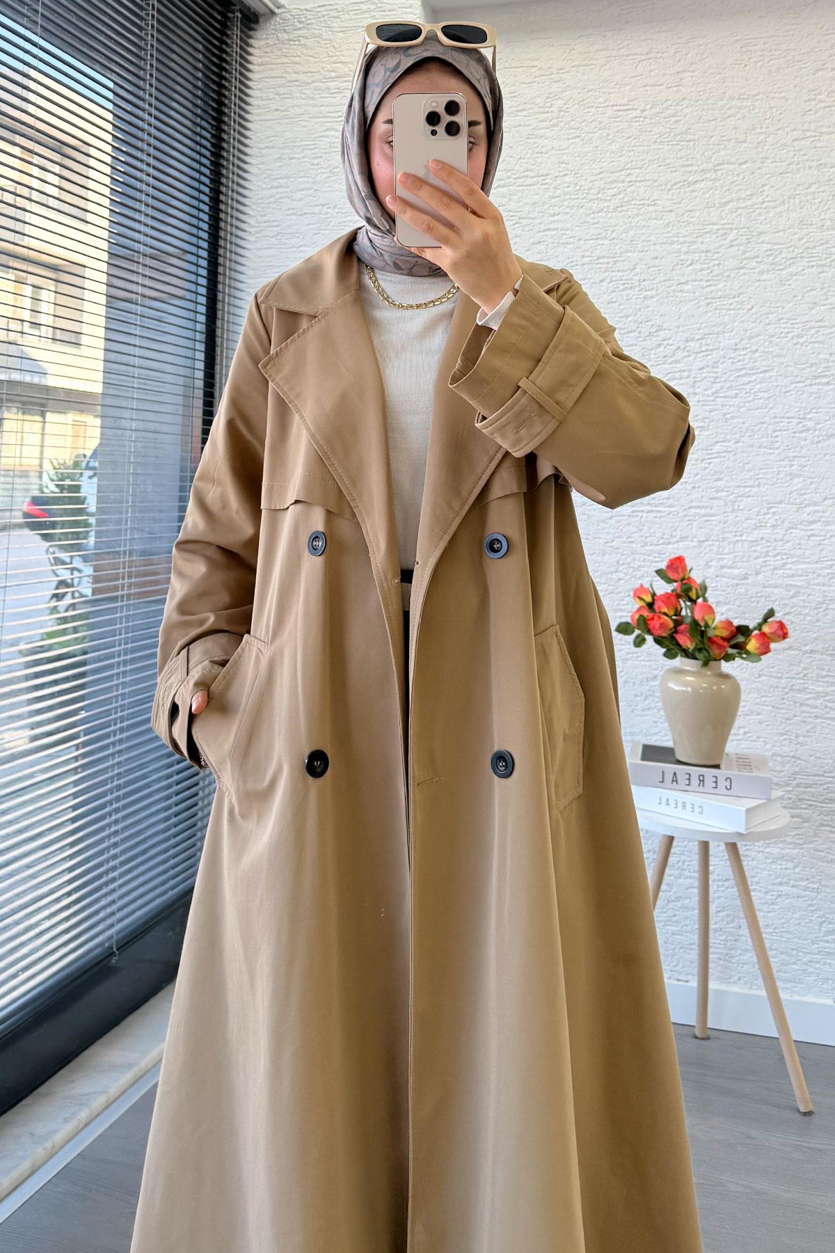 Premium Dört Düğmeli Oversize Kadın Trençkot - Camel