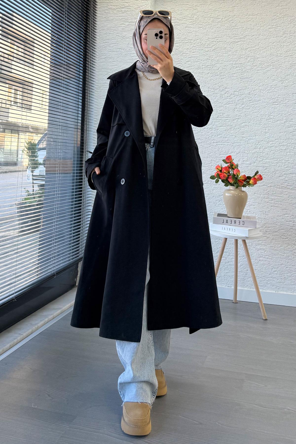 Premium Dört Düğmeli Oversize Kadın Trençkot - Siyah