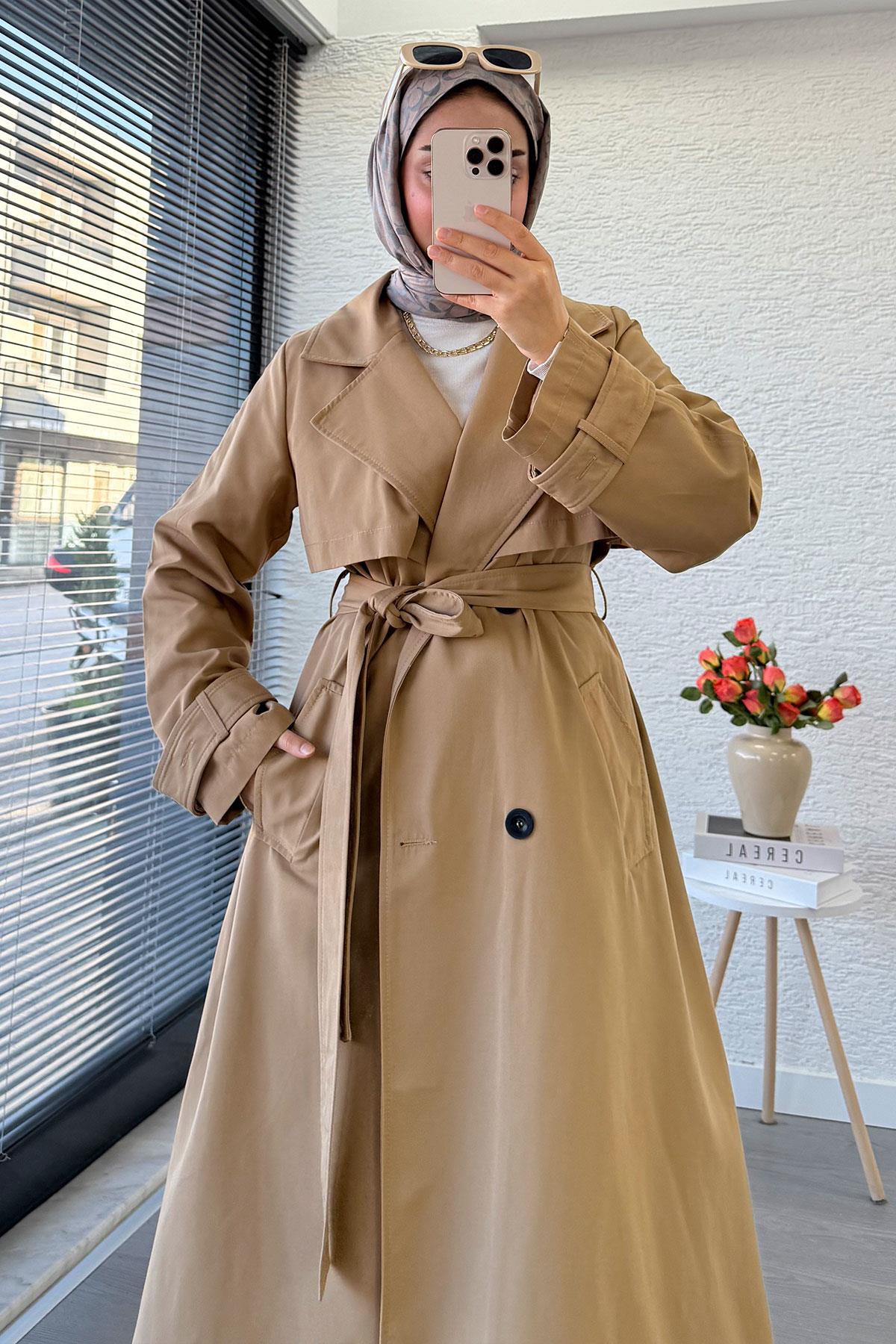 Premium Dört Düğmeli Oversize Kadın Trençkot - Camel