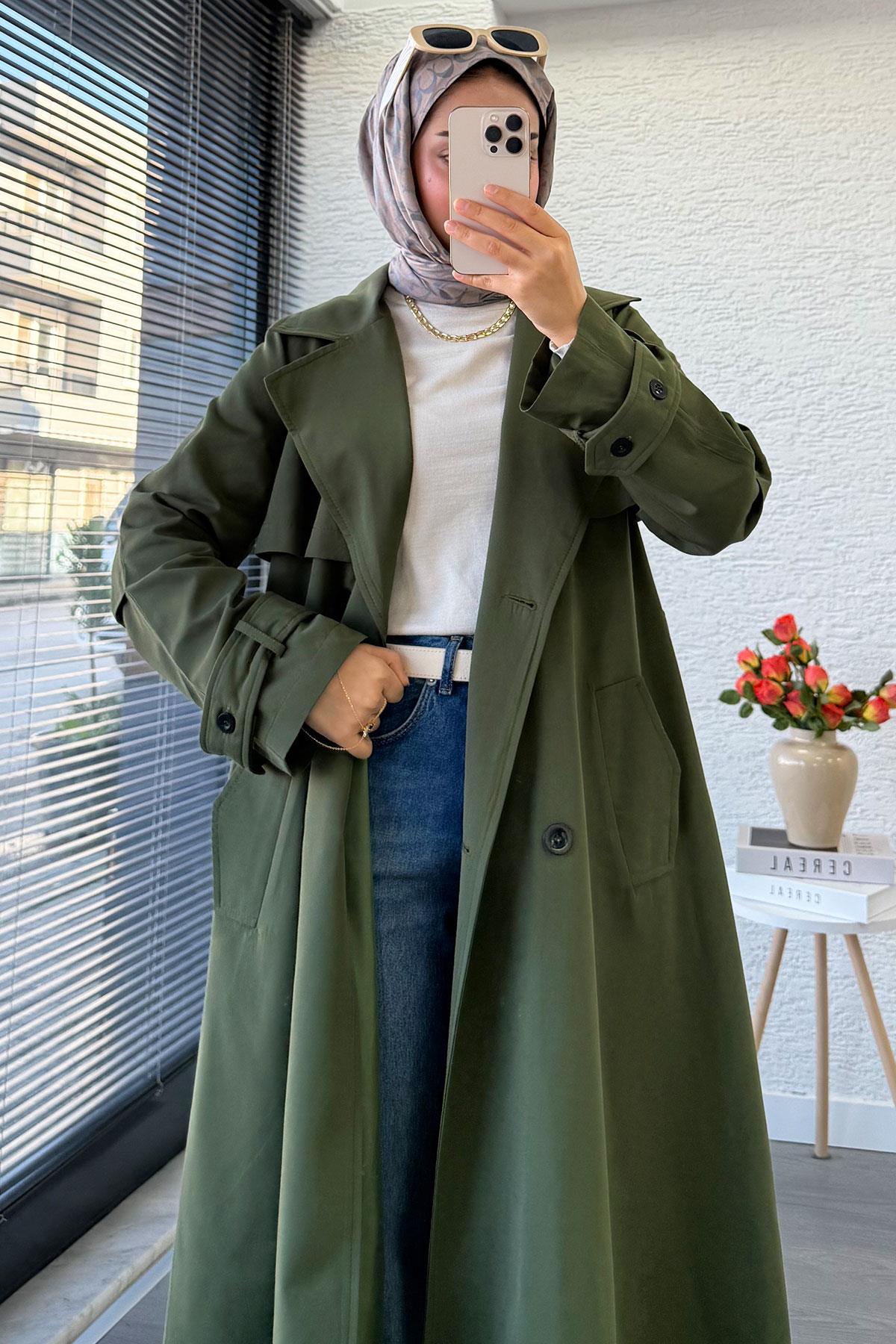 Premium Dört Düğmeli Oversize Kadın Trençkot - Haki