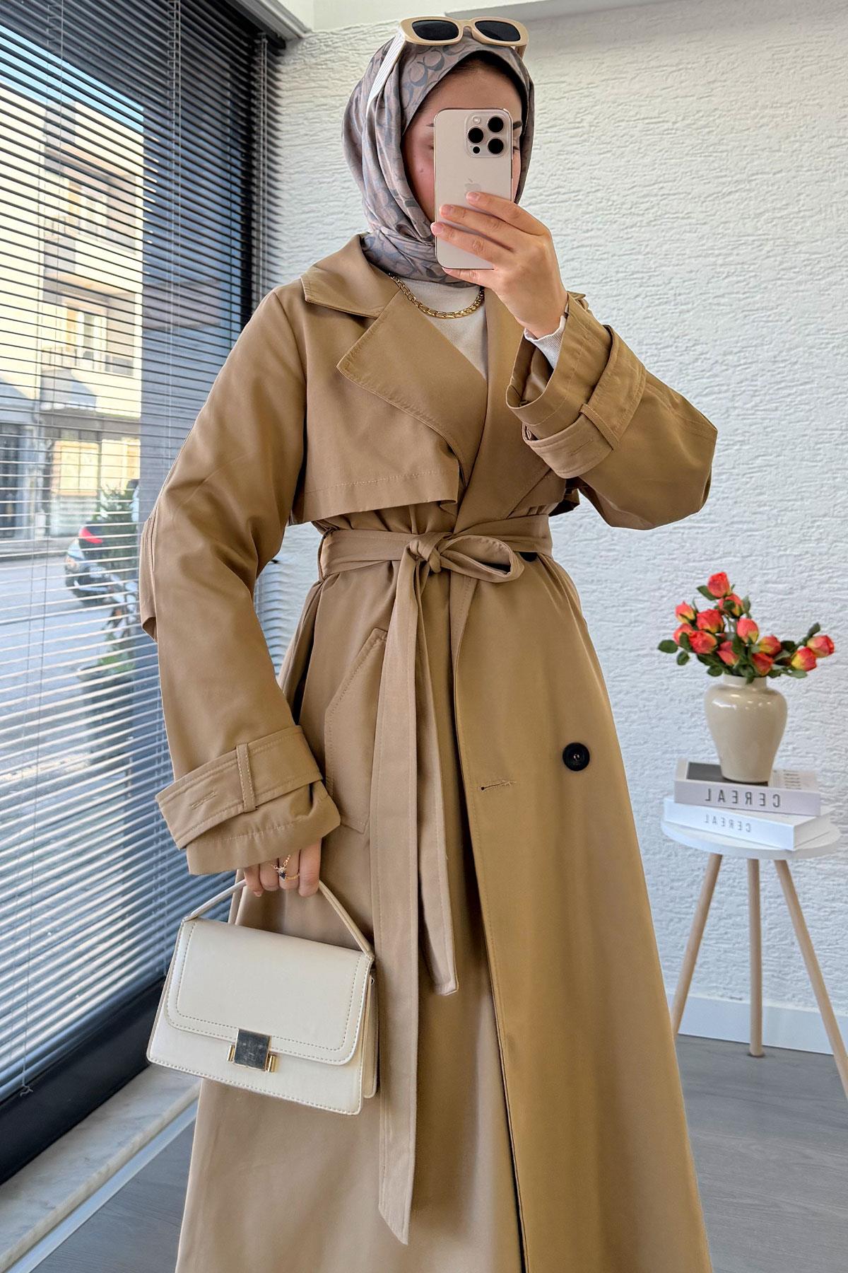 Premium Dört Düğmeli Oversize Kadın Trençkot - Camel