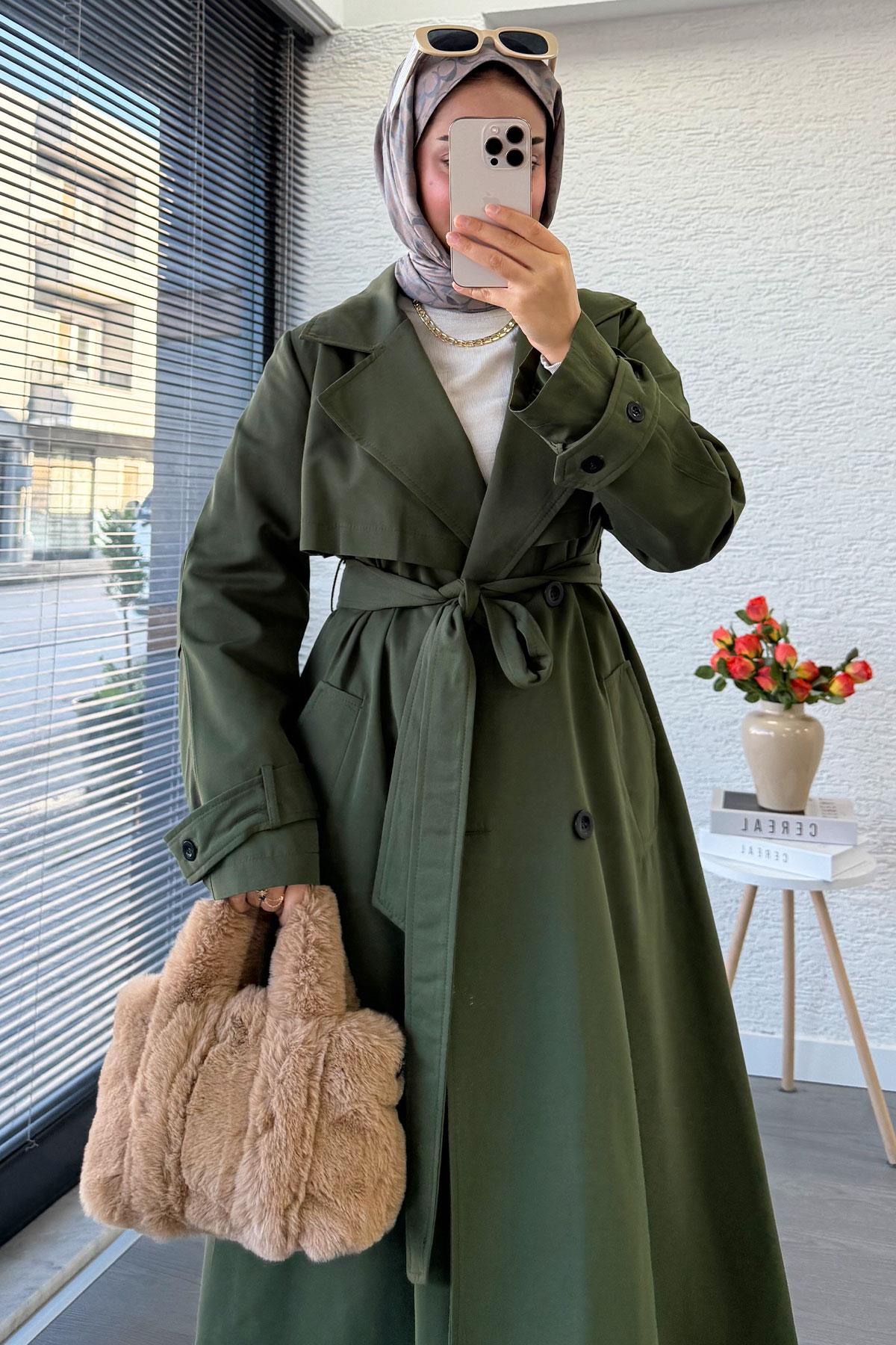 Premium Dört Düğmeli Oversize Kadın Trençkot - Haki