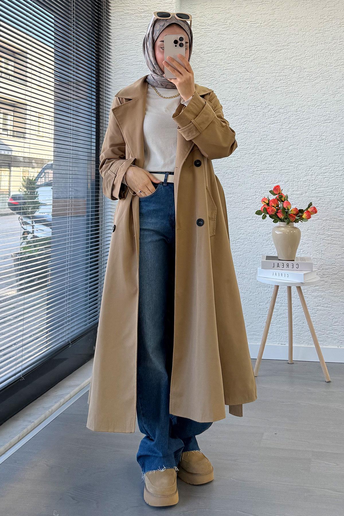Premium Dört Düğmeli Oversize Kadın Trençkot - Camel