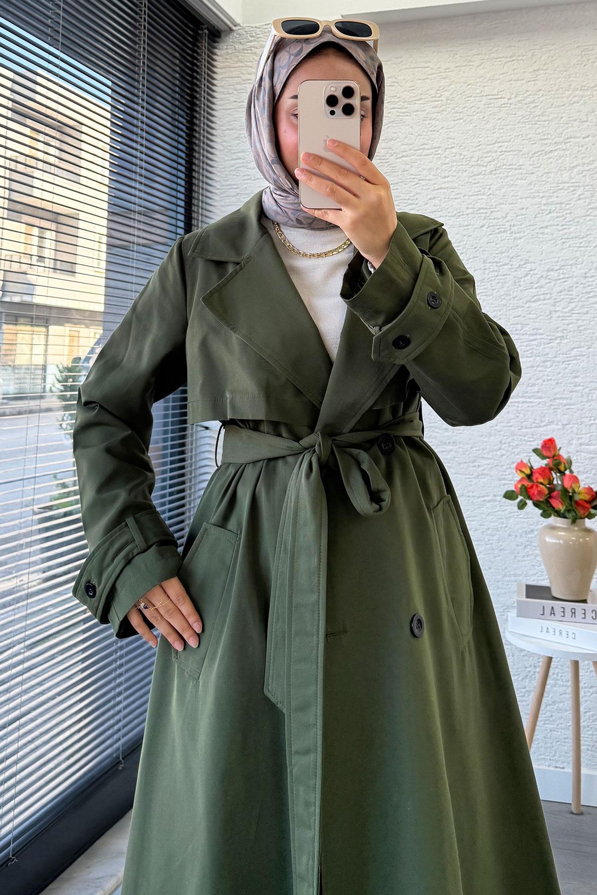 Premium Dört Düğmeli Oversize Kadın Trençkot - Haki