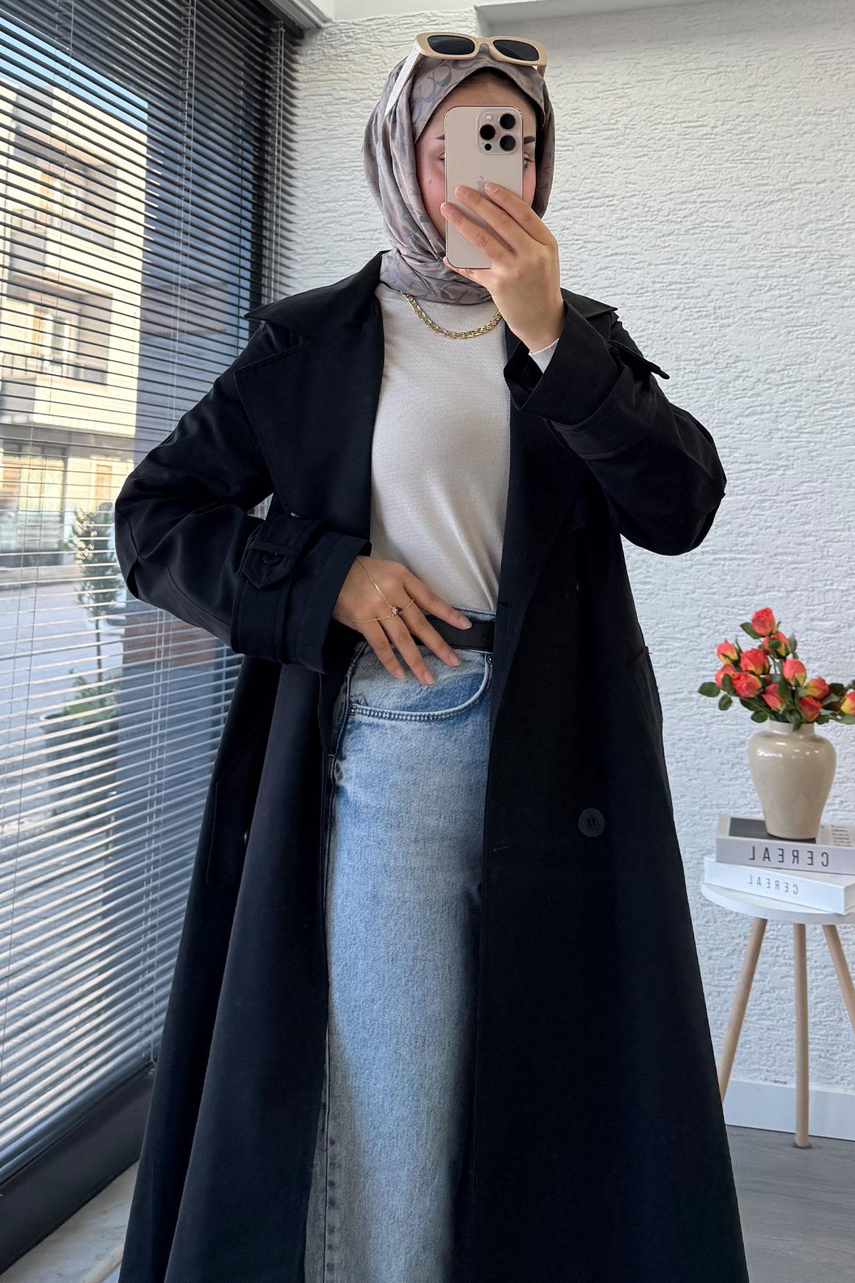 Premium Dört Düğmeli Oversize Kadın Trençkot - Siyah