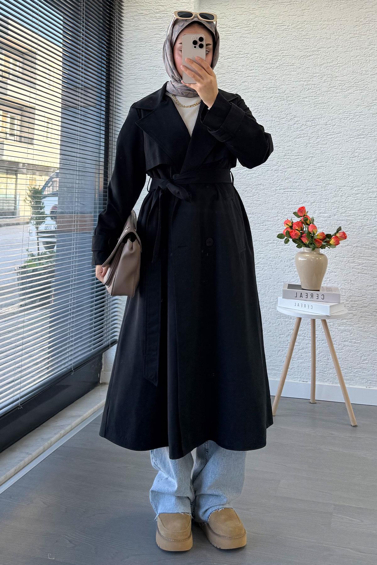 Premium Dört Düğmeli Oversize Kadın Trençkot - Siyah