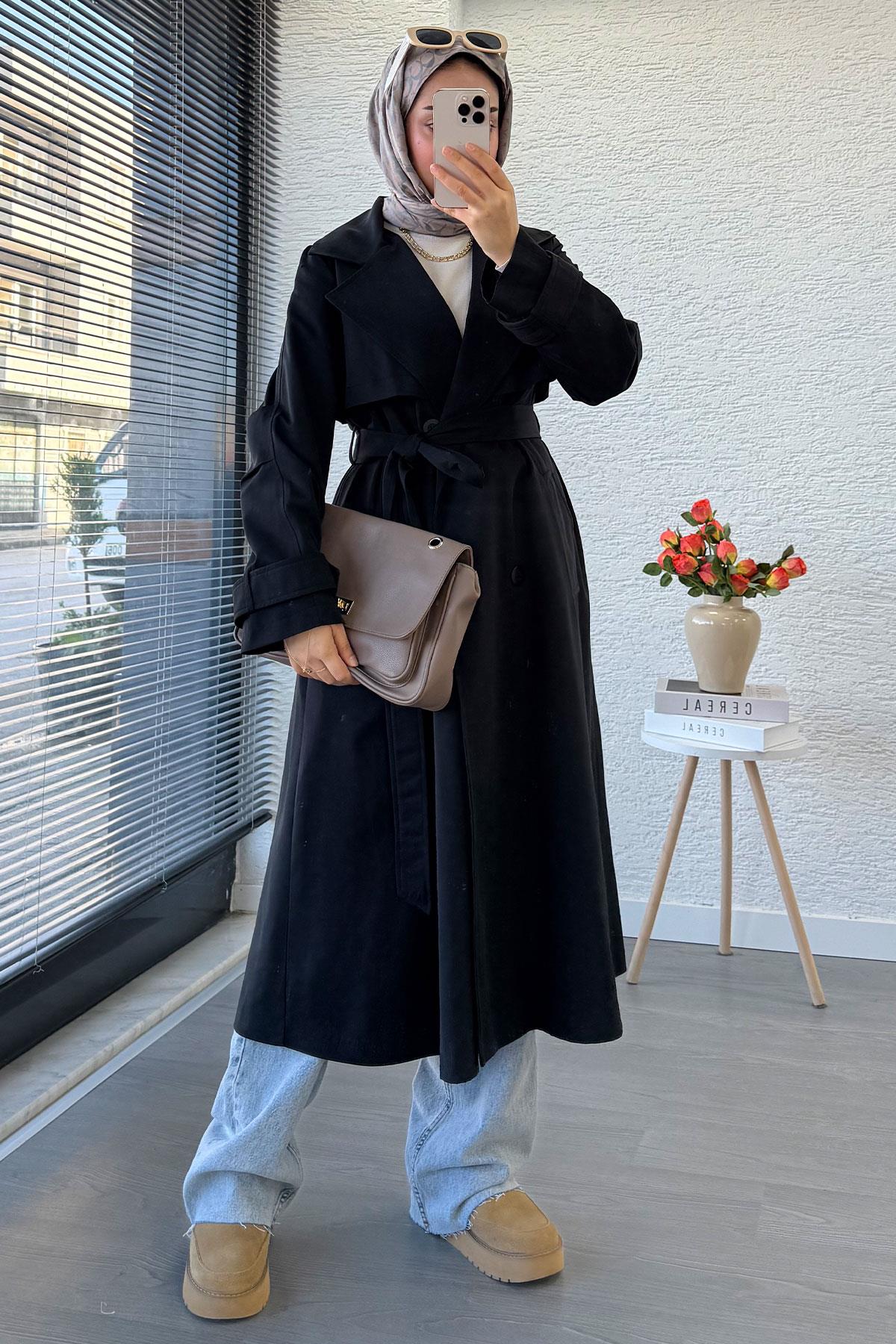 Premium Dört Düğmeli Oversize Kadın Trençkot - Siyah