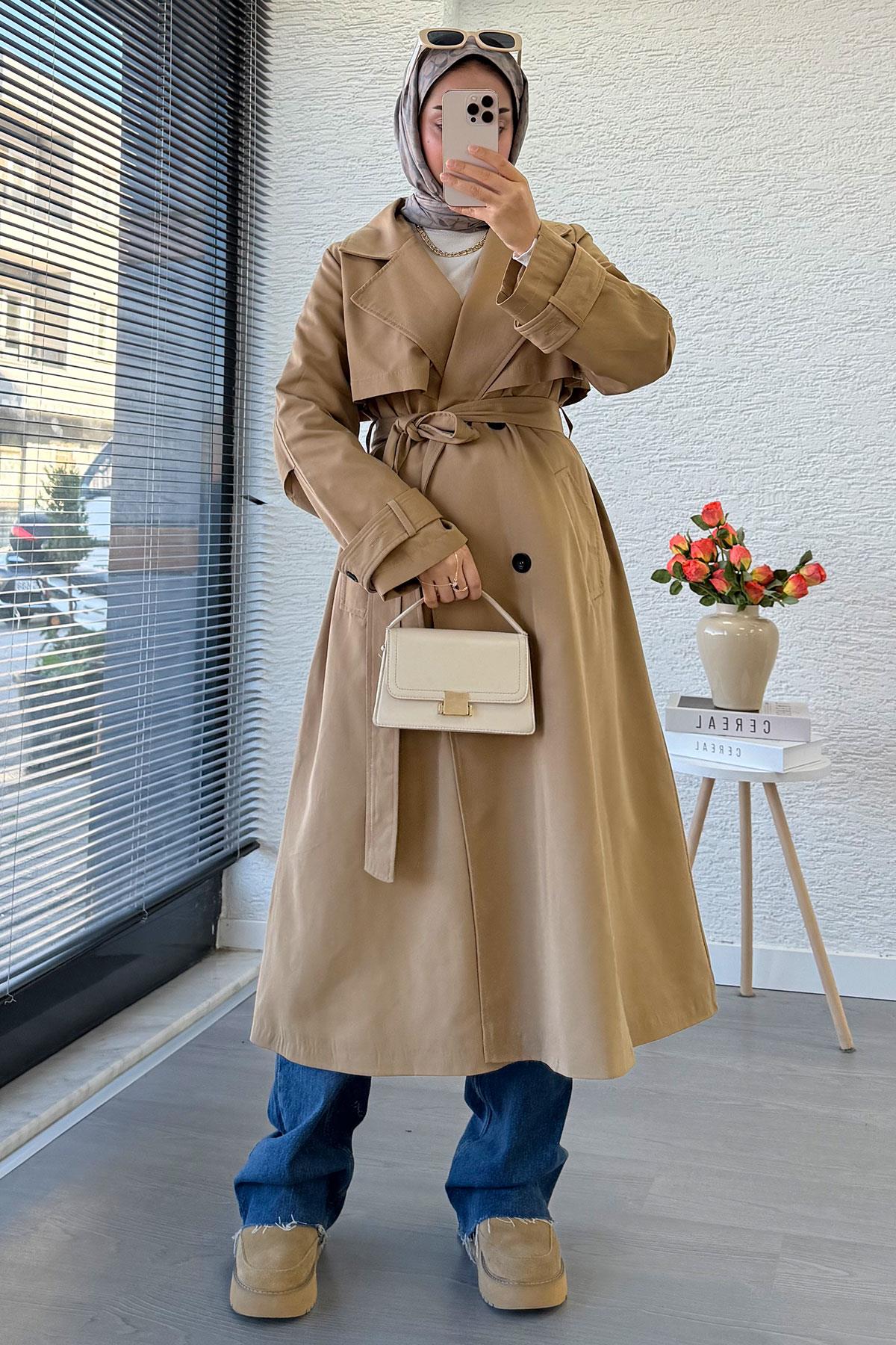 Premium Dört Düğmeli Oversize Kadın Trençkot - Camel