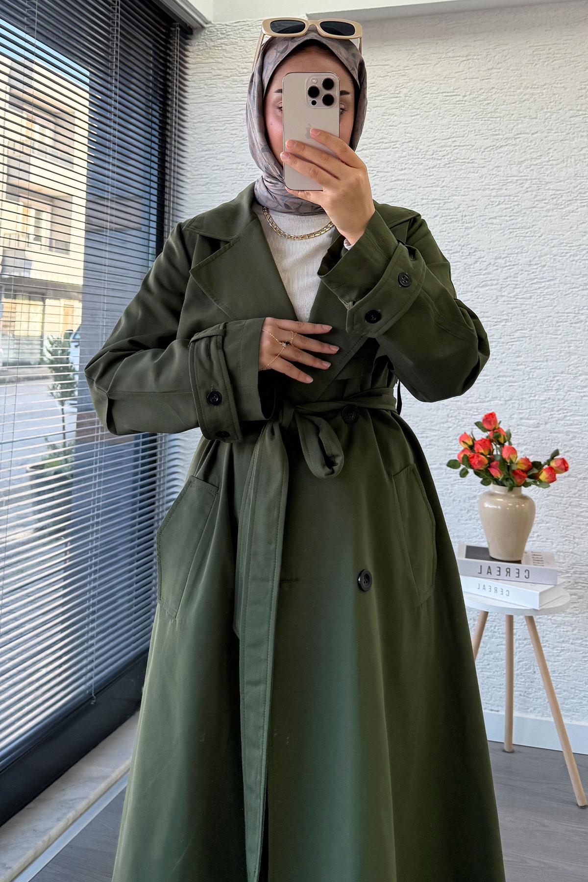 Premium Dört Düğmeli Oversize Kadın Trençkot - Haki