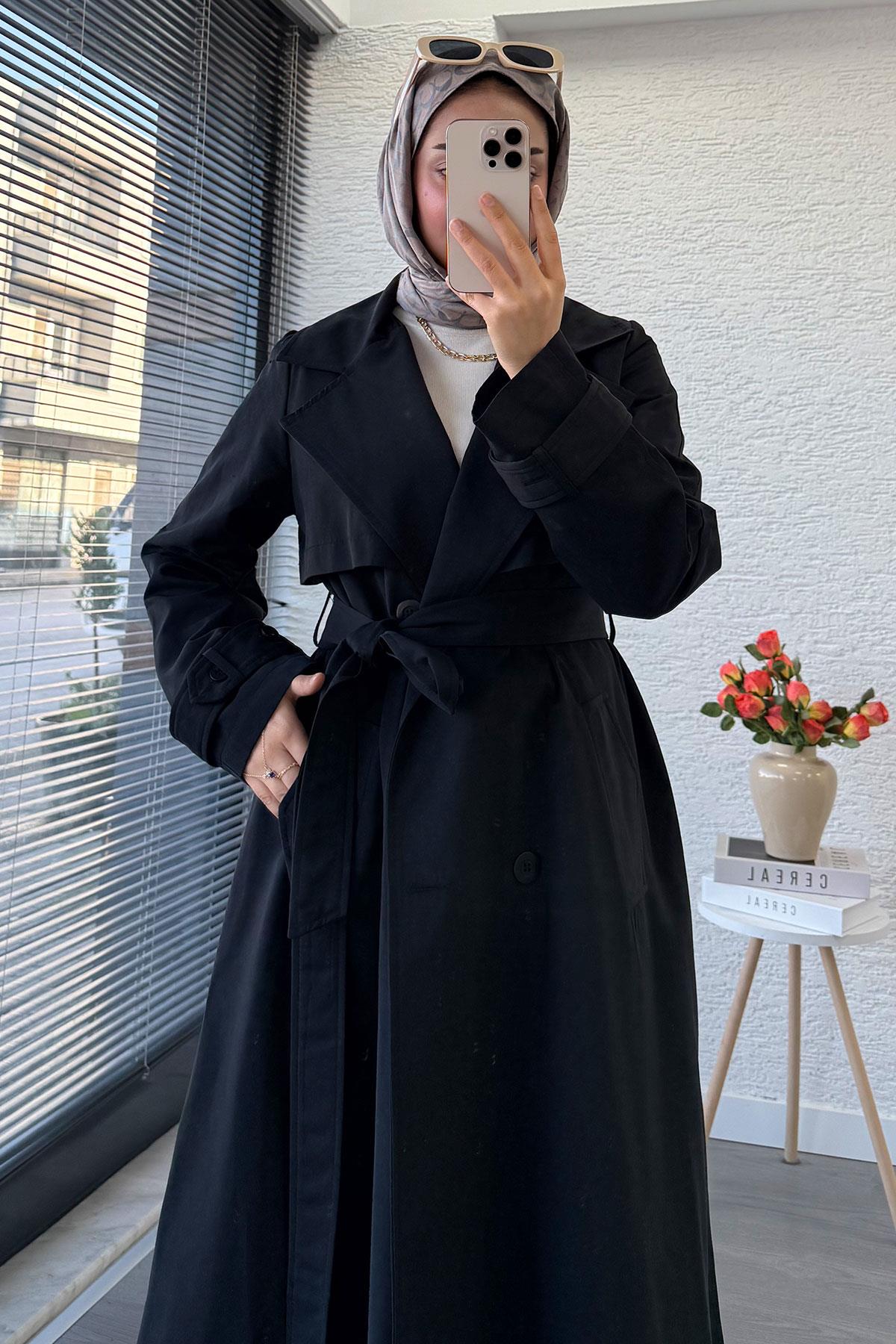 Premium Dört Düğmeli Oversize Kadın Trençkot - Siyah