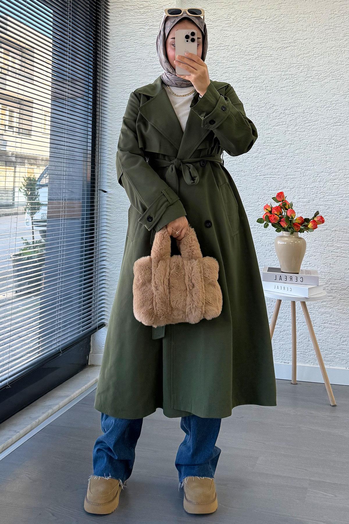 Premium Dört Düğmeli Oversize Kadın Trençkot - Haki