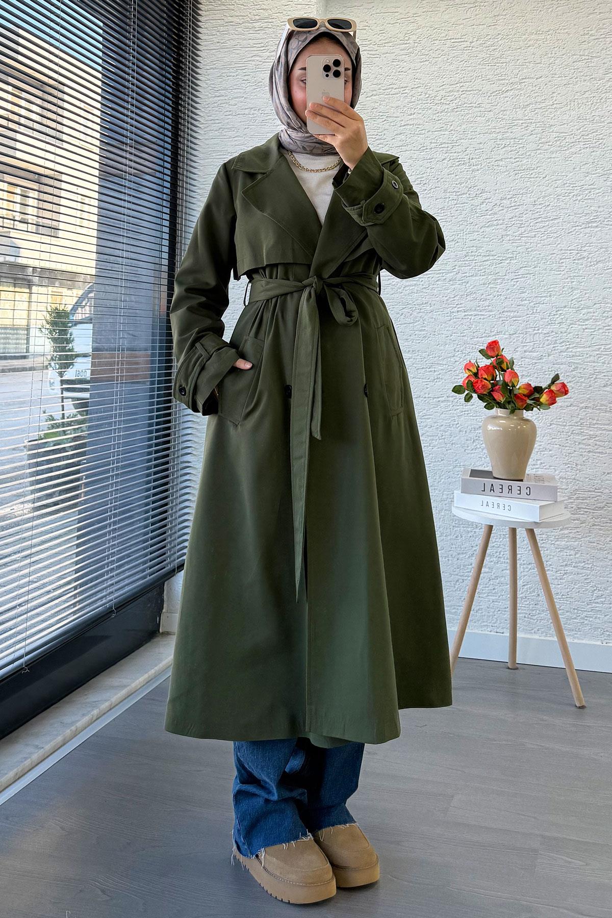 Premium Dört Düğmeli Oversize Kadın Trençkot - Haki