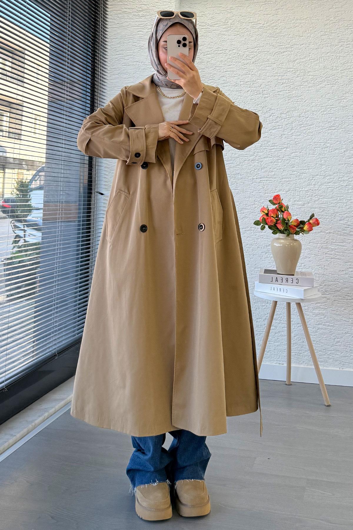 Premium Dört Düğmeli Oversize Kadın Trençkot - Camel