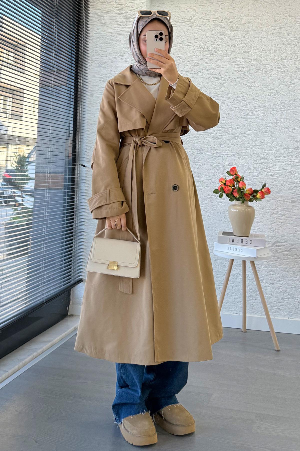 Premium Dört Düğmeli Oversize Kadın Trençkot - Camel