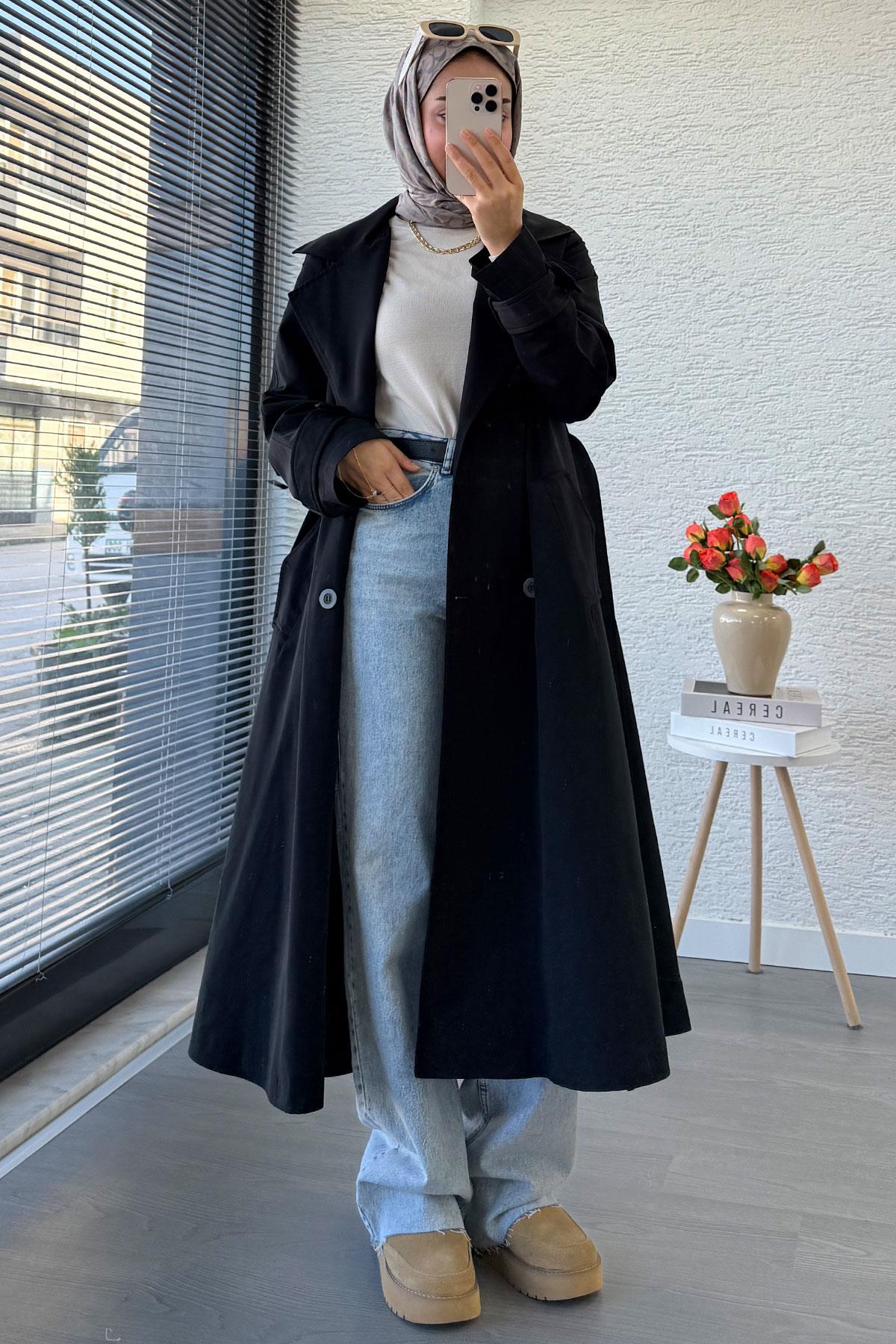 Premium Dört Düğmeli Oversize Kadın Trençkot - Siyah