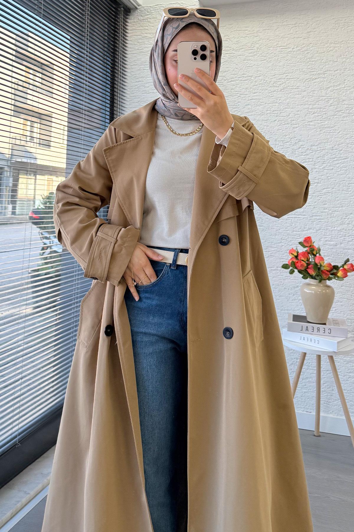 Premium Dört Düğmeli Oversize Kadın Trençkot - Camel