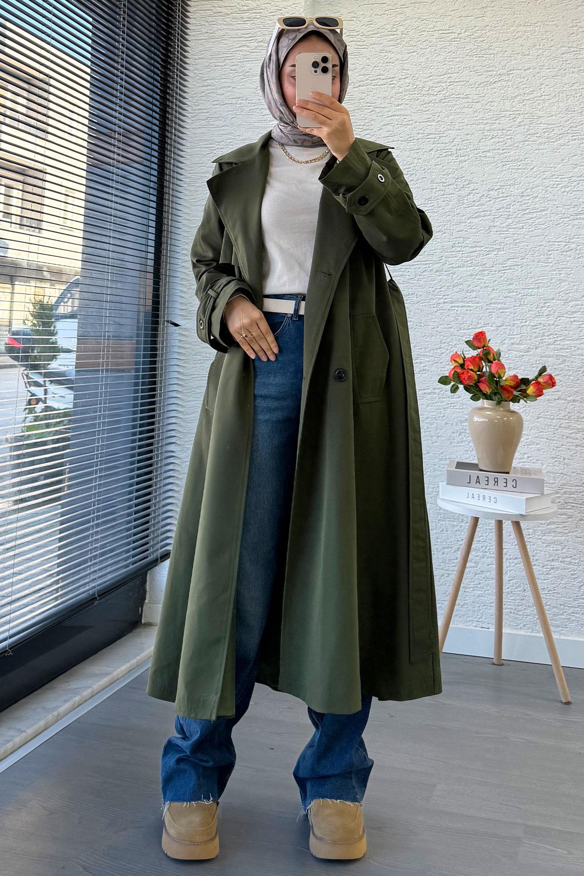 Premium Dört Düğmeli Oversize Kadın Trençkot - Haki