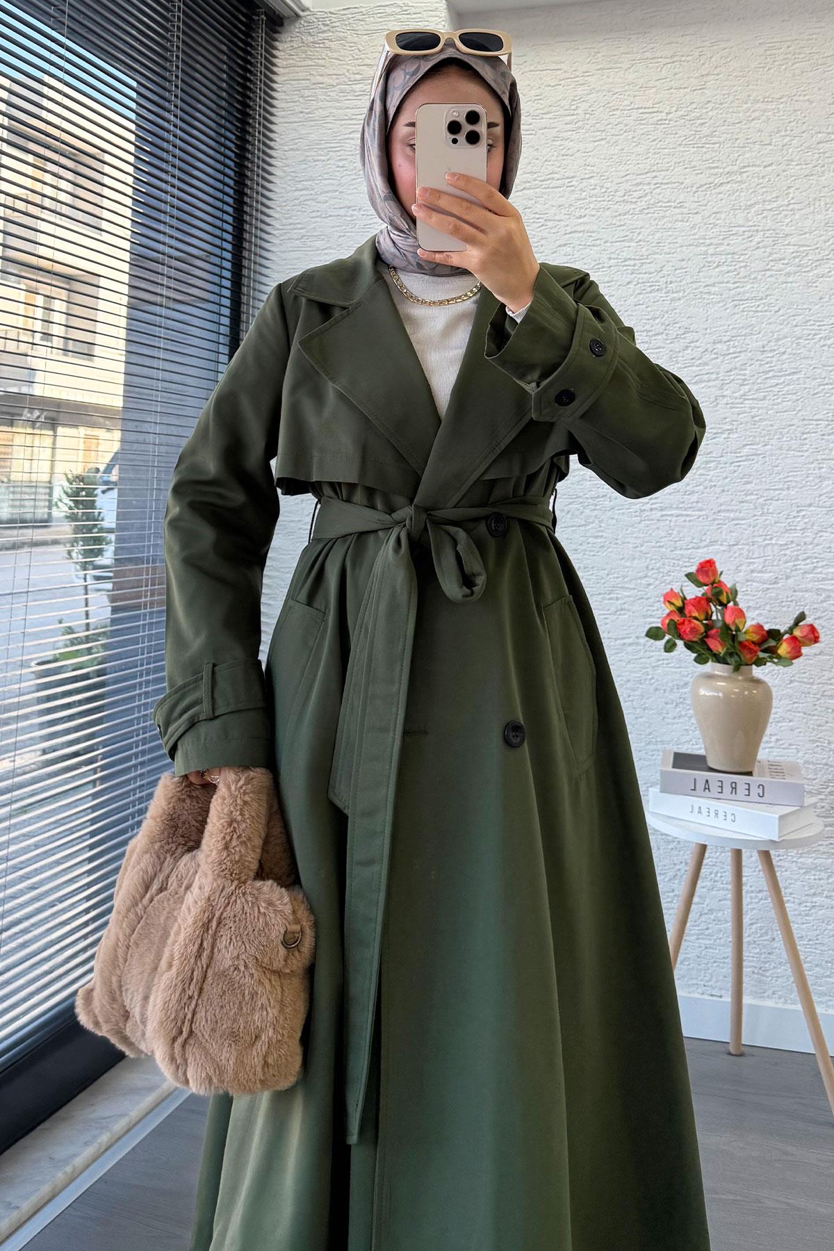 Premium Dört Düğmeli Oversize Kadın Trençkot - Haki