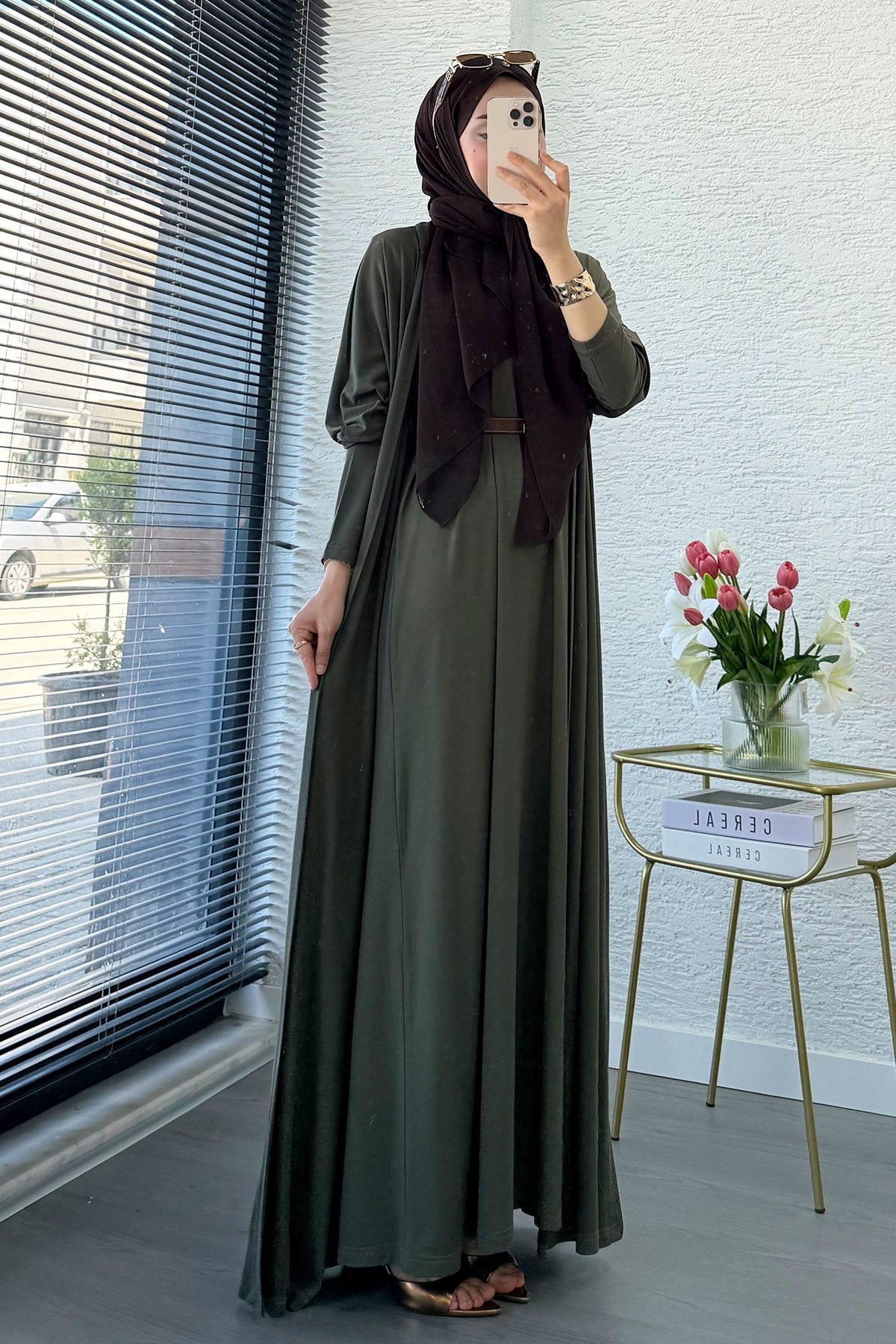 Premium Double Face Yarasa Kol İkili Abaya Takım - Haki