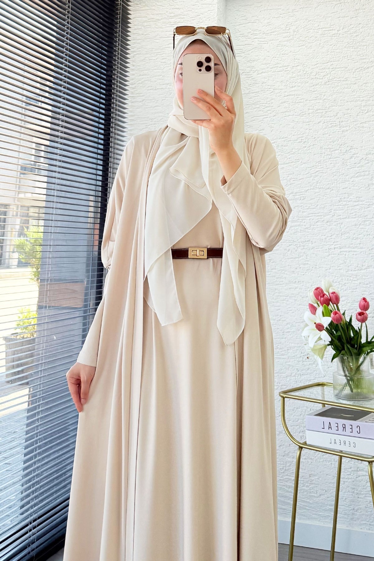 Premium Double Face Yarasa Kol İkili Abaya Takım - Krem