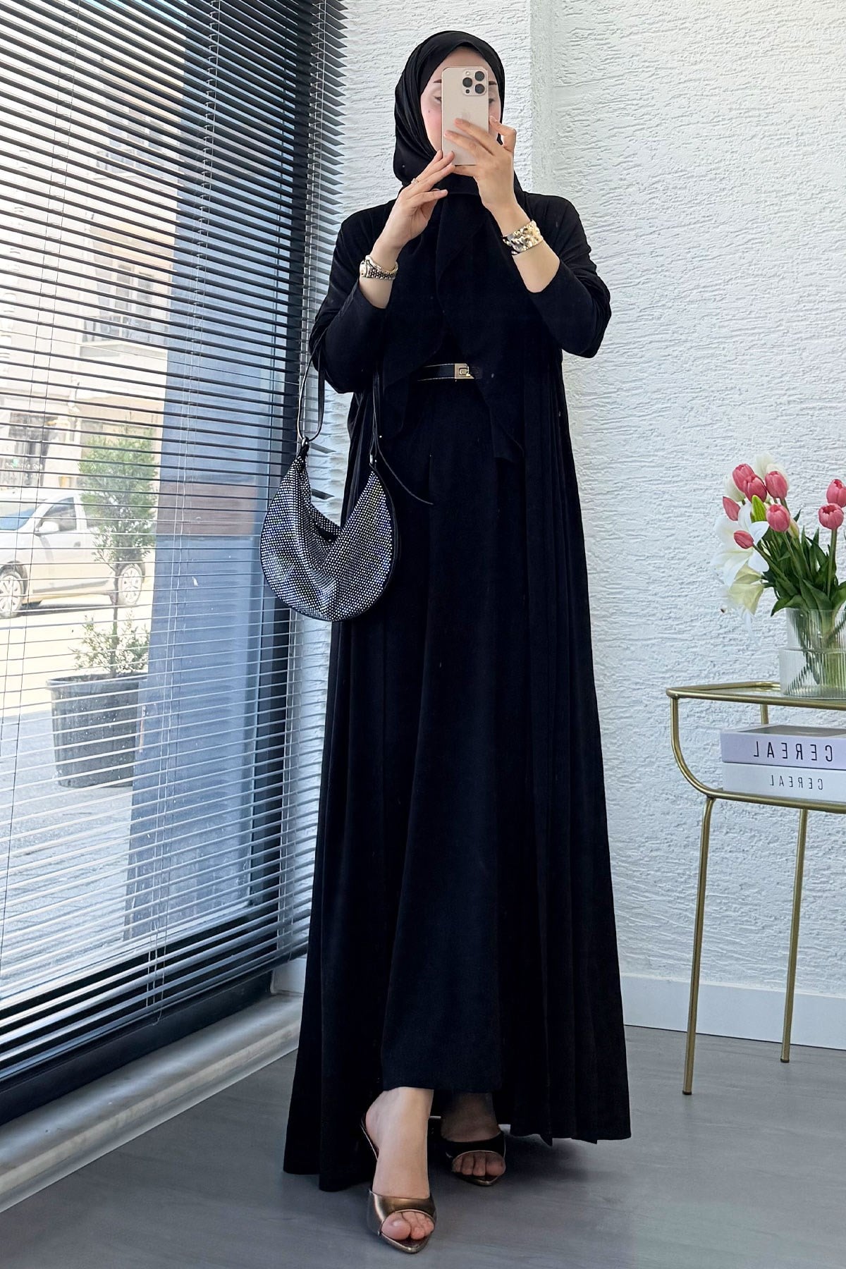 Premium Double Face Yarasa Kol İkili Abaya Takım - Siyah