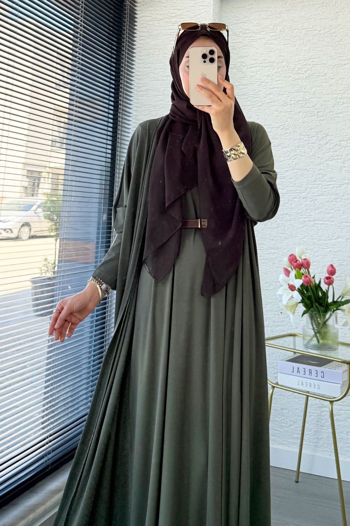 Premium Double Face Yarasa Kol İkili Abaya Takım - Haki