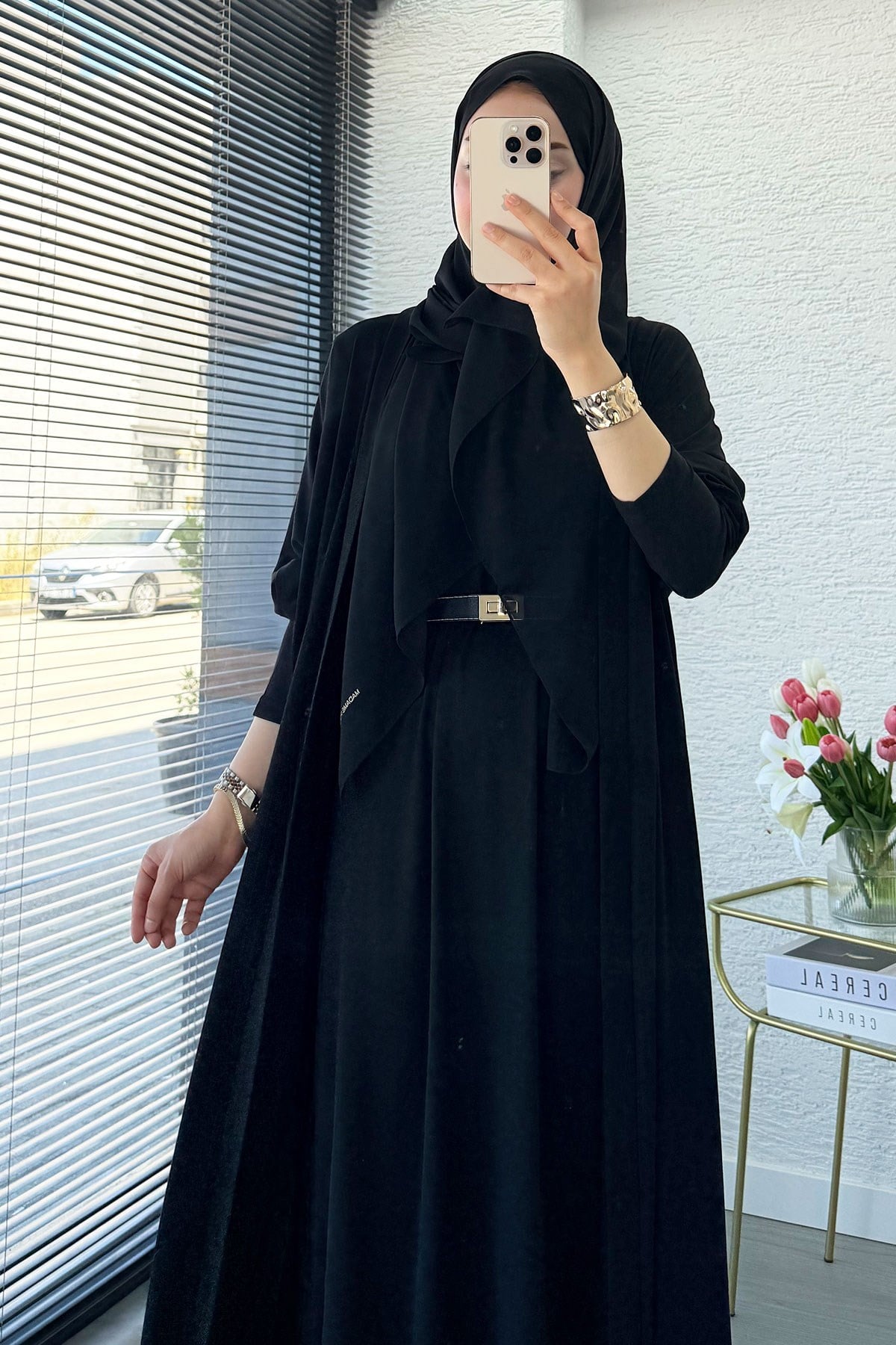 Premium Double Face Yarasa Kol İkili Abaya Takım - Siyah