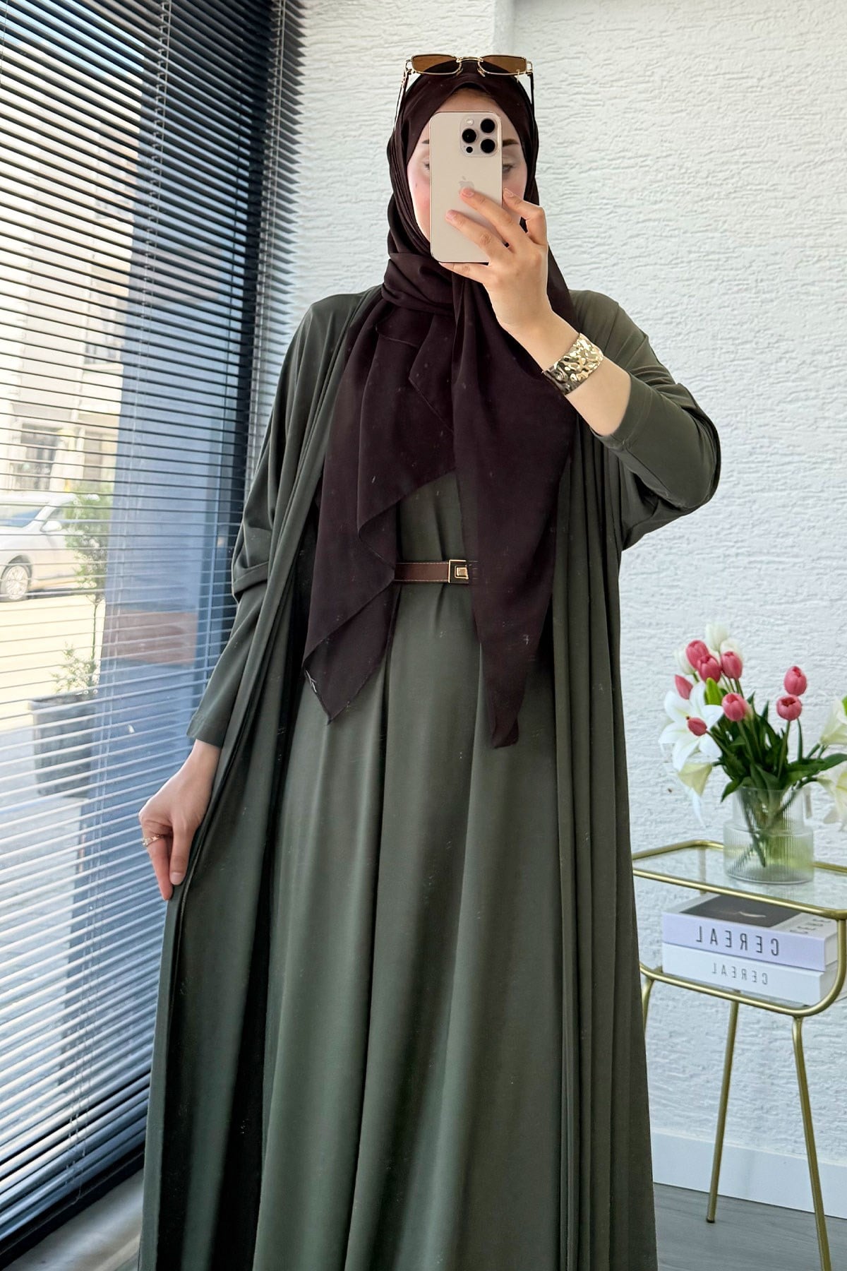 Premium Double Face Yarasa Kol İkili Abaya Takım - Haki
