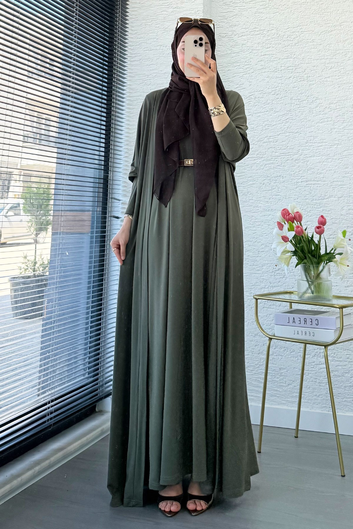 Premium Double Face Yarasa Kol İkili Abaya Takım - Haki