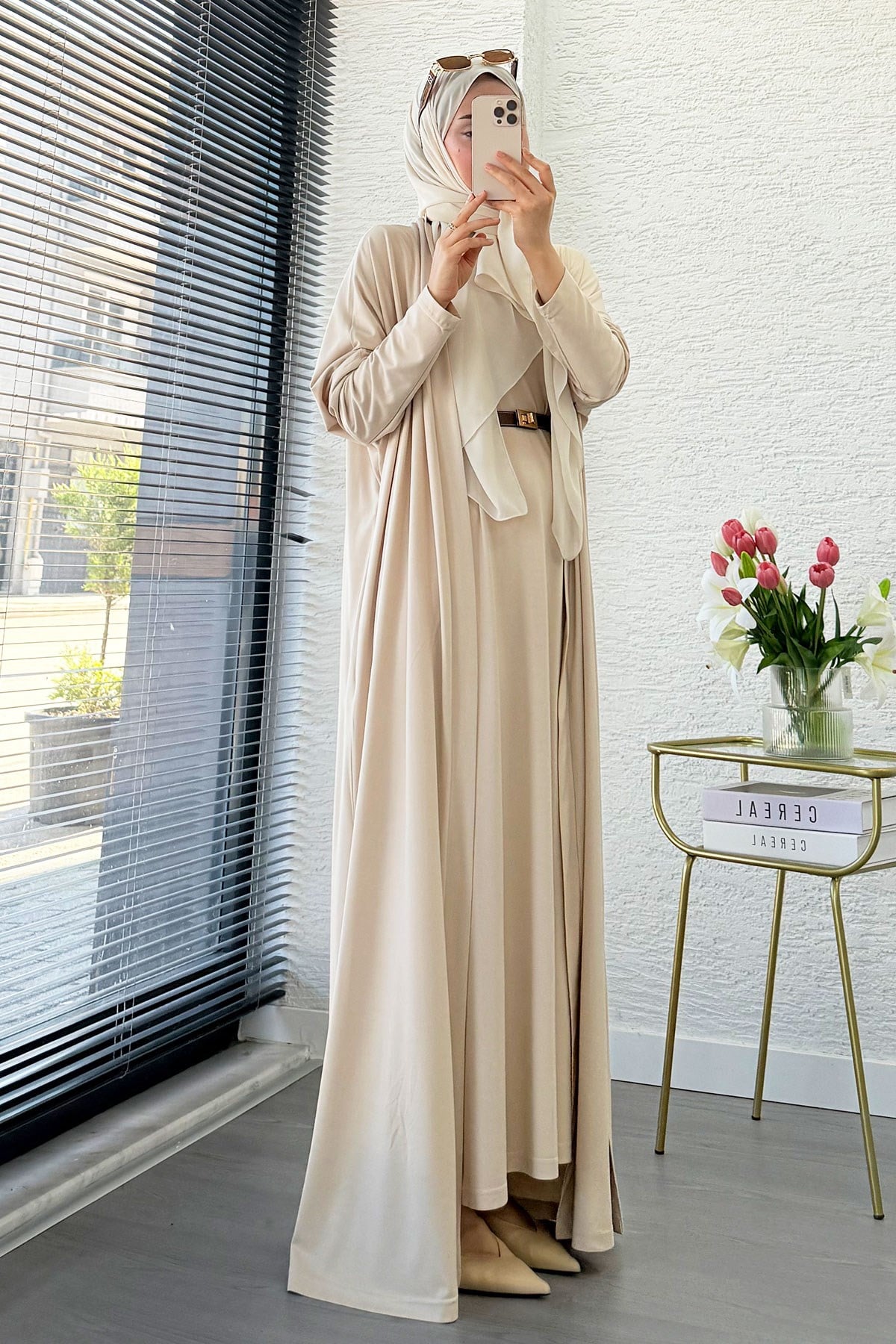 Premium Double Face Yarasa Kol İkili Abaya Takım - Krem
