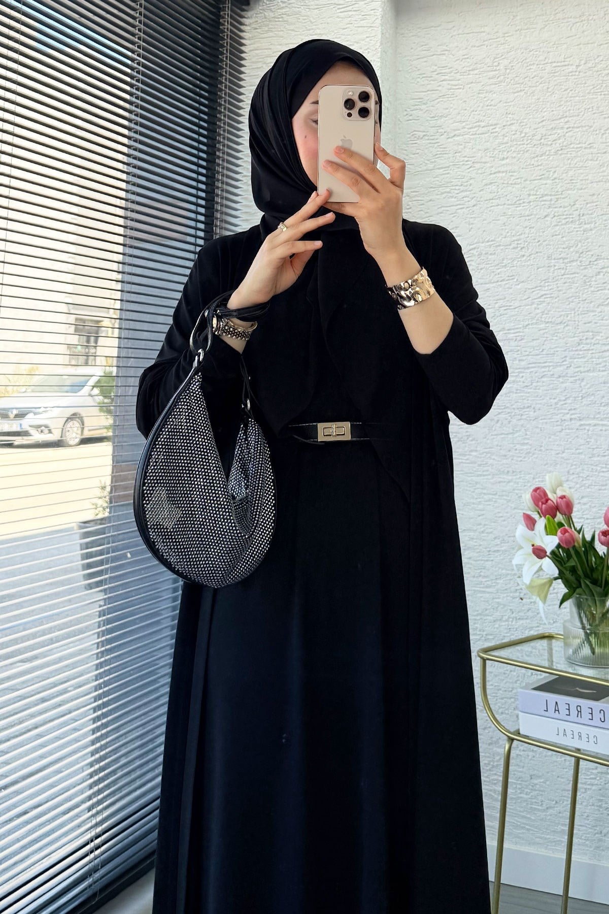 Premium Double Face Yarasa Kol İkili Abaya Takım - Siyah