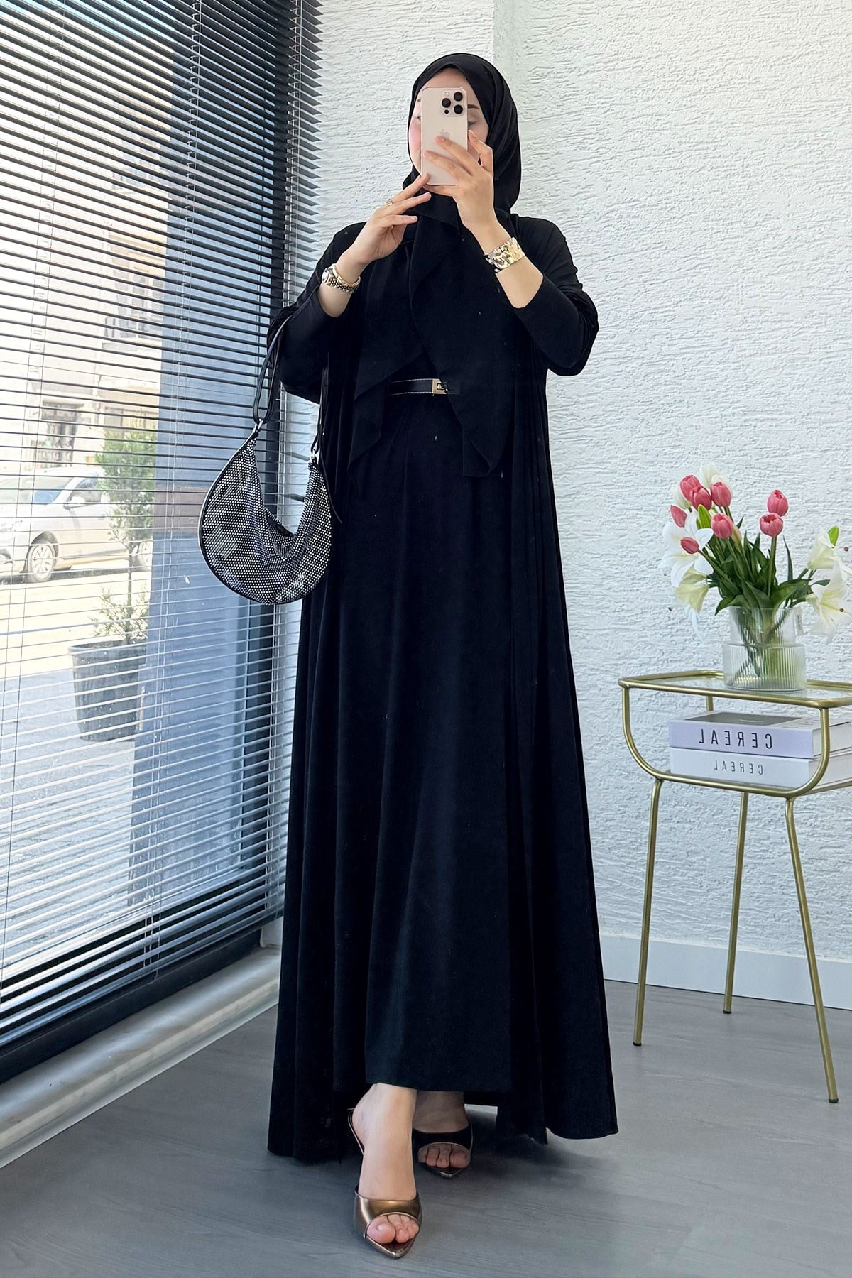 Premium Double Face Yarasa Kol İkili Abaya Takım - Siyah